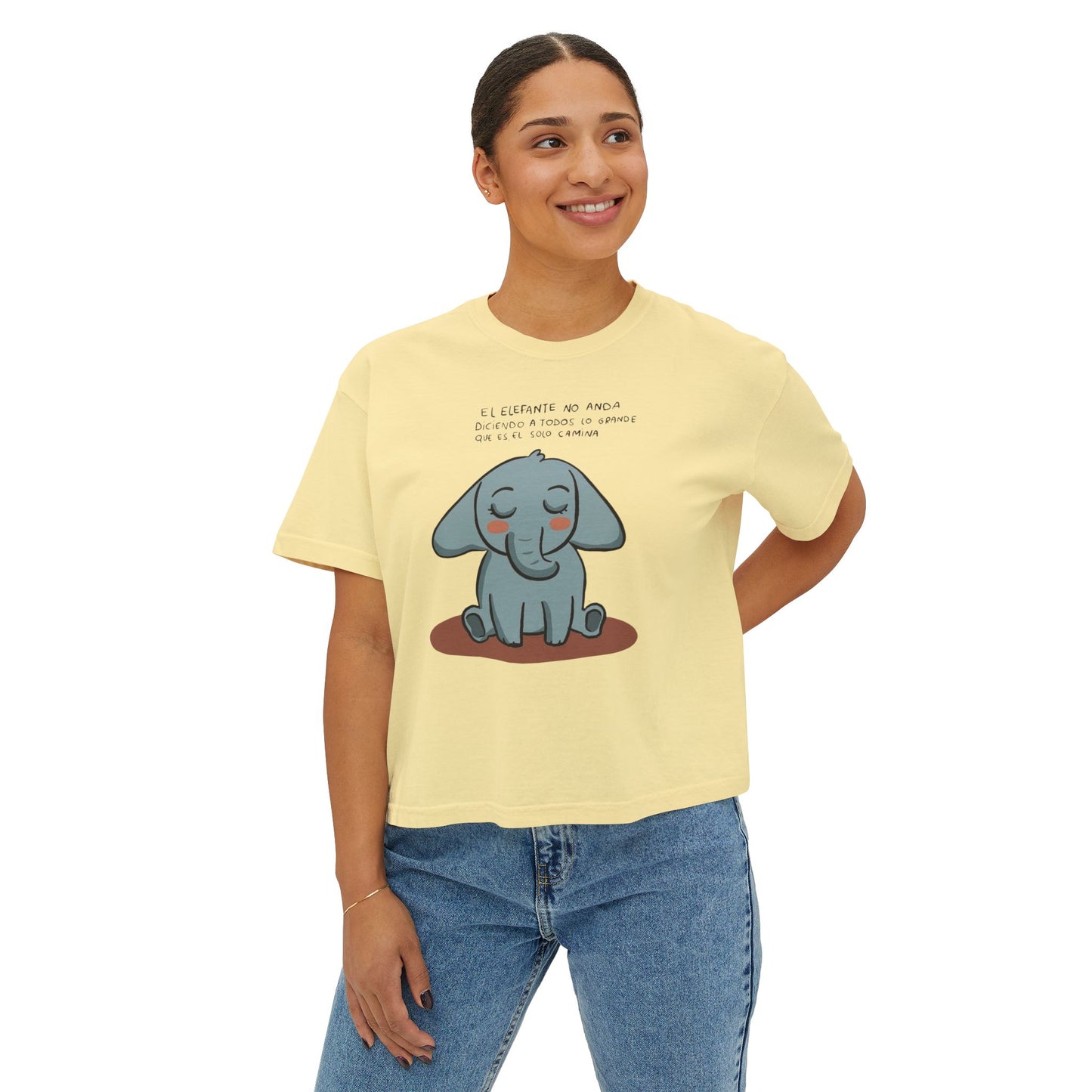 🌸 🧘♀️ Viste tu paz – Que tu energía hable primero Cute Elephant Women's Boxy Tee, Relaxed Fit Shirt, Gift for Animal Lovers, Casual Wear,