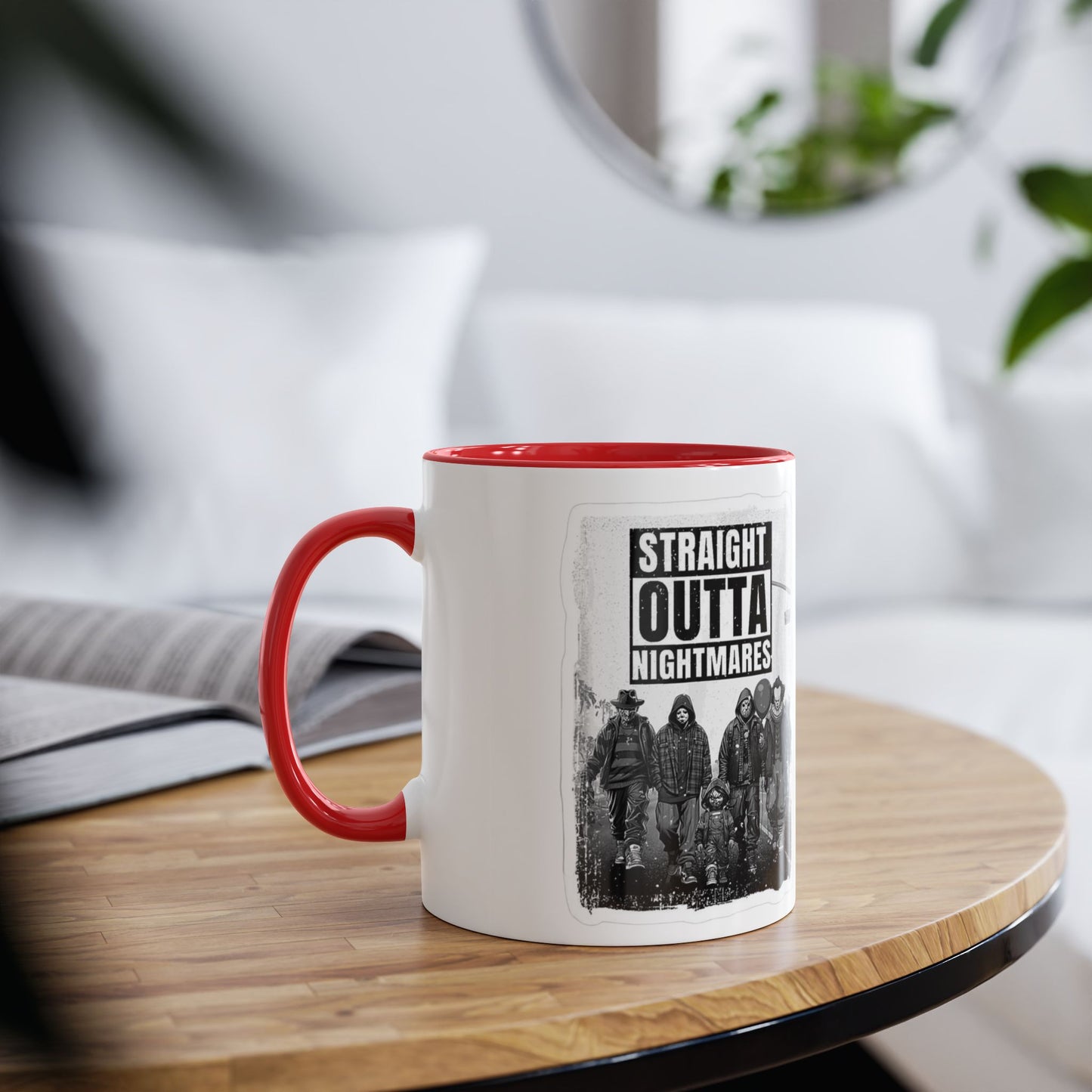 Straight Outta Nightmares Two-Tone Coffee Mug, Unique Gift for Halloween, Fun Office Decor, Red Handle Mug, Collectible Coffee Cup