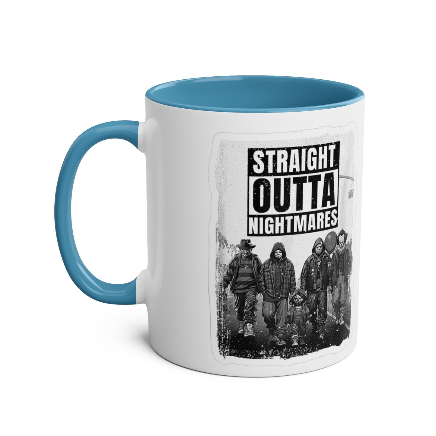 Straight Outta Nightmares Two-Tone Coffee Mug, Unique Gift for Halloween, Fun Office Decor, Red Handle Mug, Collectible Coffee Cup