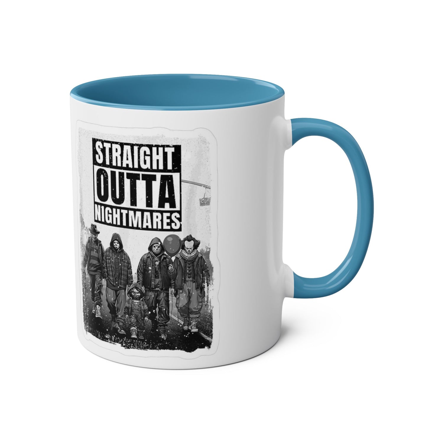 Straight Outta Nightmares Two-Tone Coffee Mug, Unique Gift for Halloween, Fun Office Decor, Red Handle Mug, Collectible Coffee Cup