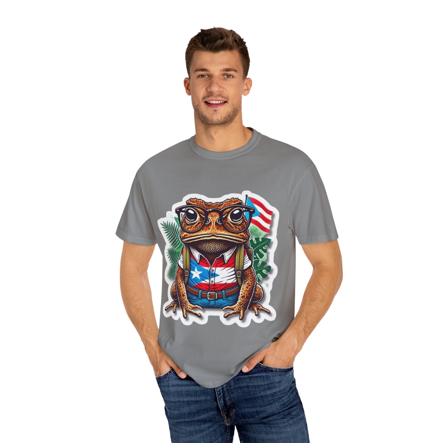 Puerto rico Patriotic Frog T-Shirt, Unisex Garment-Dyed Tee for Nature Lovers, Summer Parties, Luce tu orgullo puertorriqueño con estilo PR