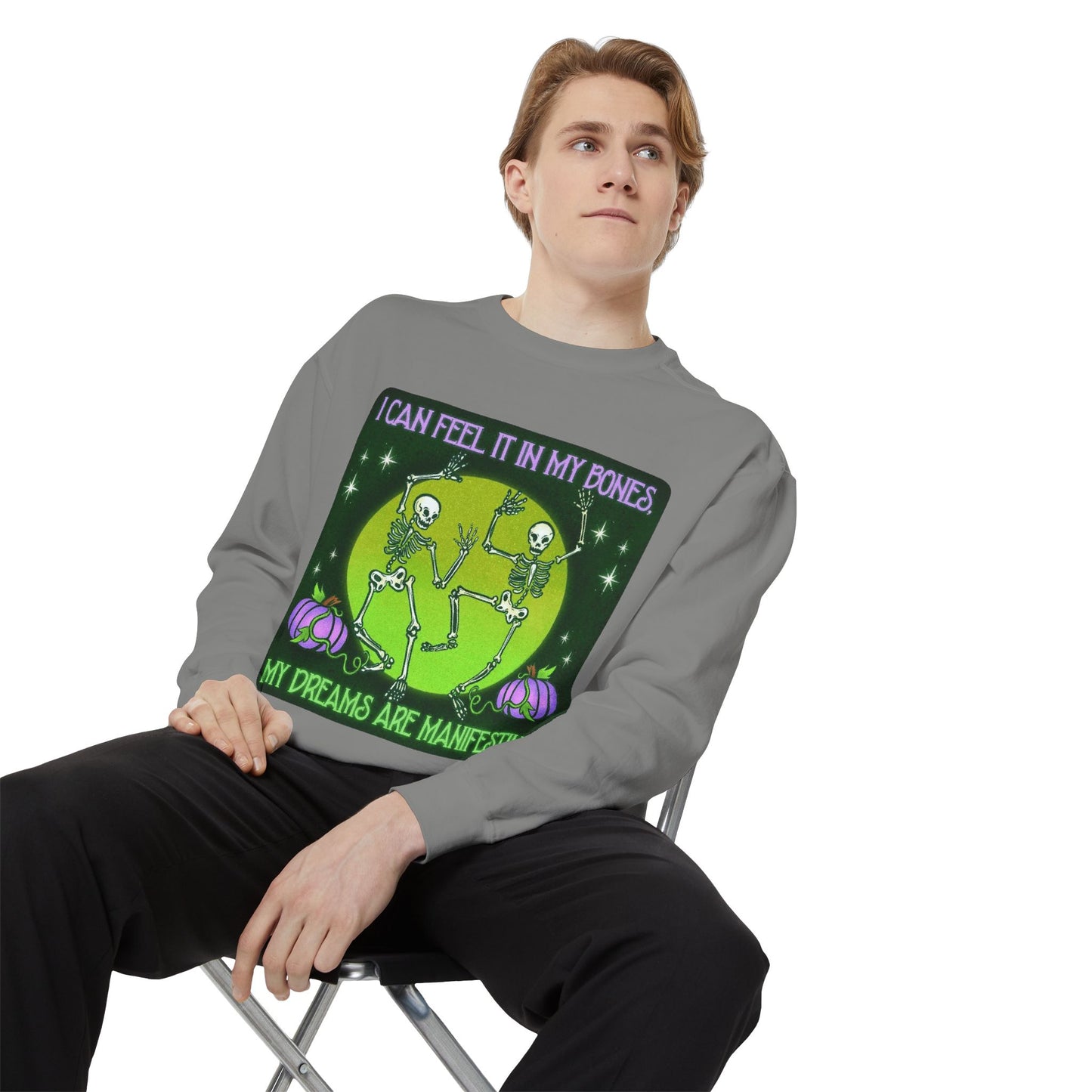 Spooky Manifesting Sweatshirt, Unisex Skeleton Pullover, Halloween Apparel, Cozy Fall Fashion, Casual Trendy Top, Unique Gift