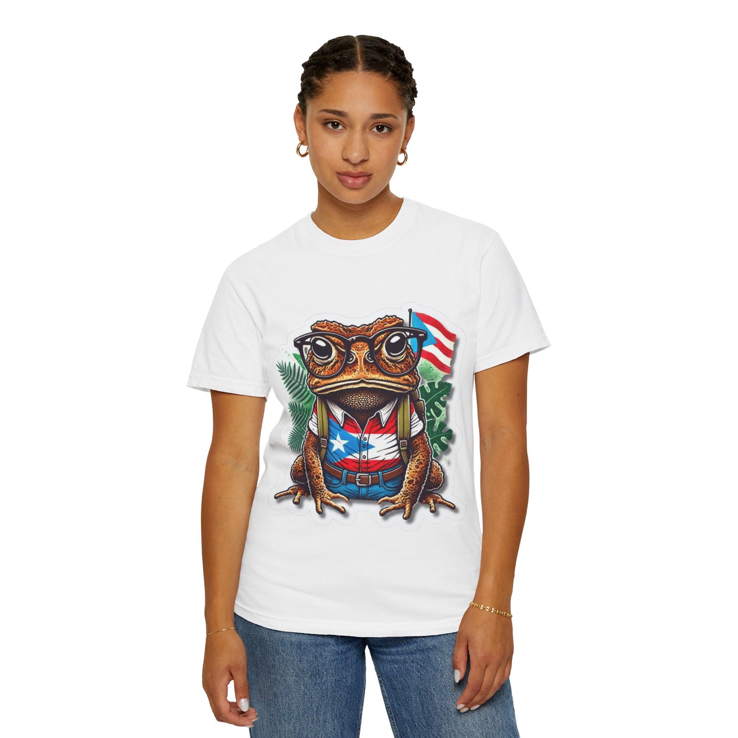 Puerto rico Patriotic Frog T-Shirt, Unisex Garment-Dyed Tee for Nature Lovers, Summer Parties, Luce tu orgullo puertorriqueño con estilo PR