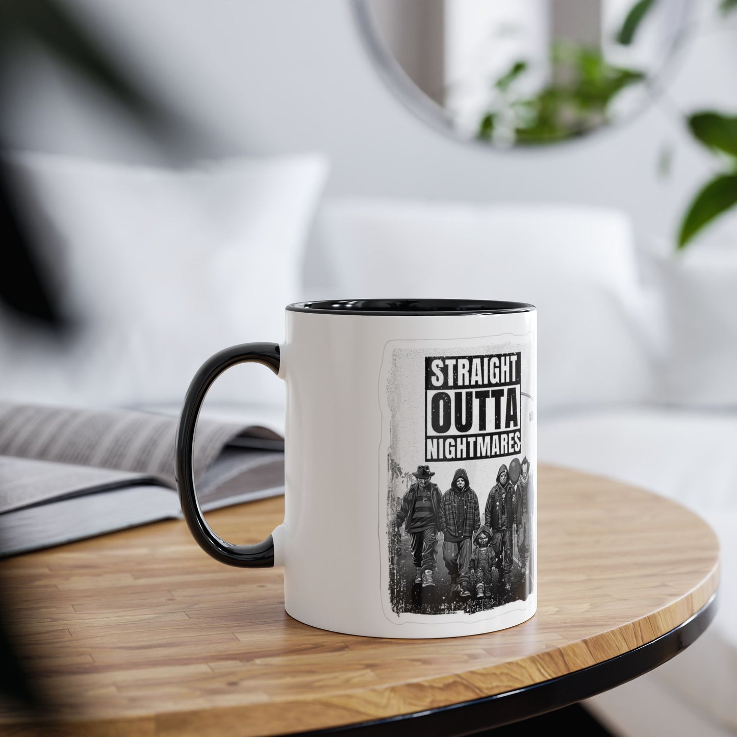 Straight Outta Nightmares Two-Tone Coffee Mug, Unique Gift for Halloween, Fun Office Decor, Red Handle Mug, Collectible Coffee Cup