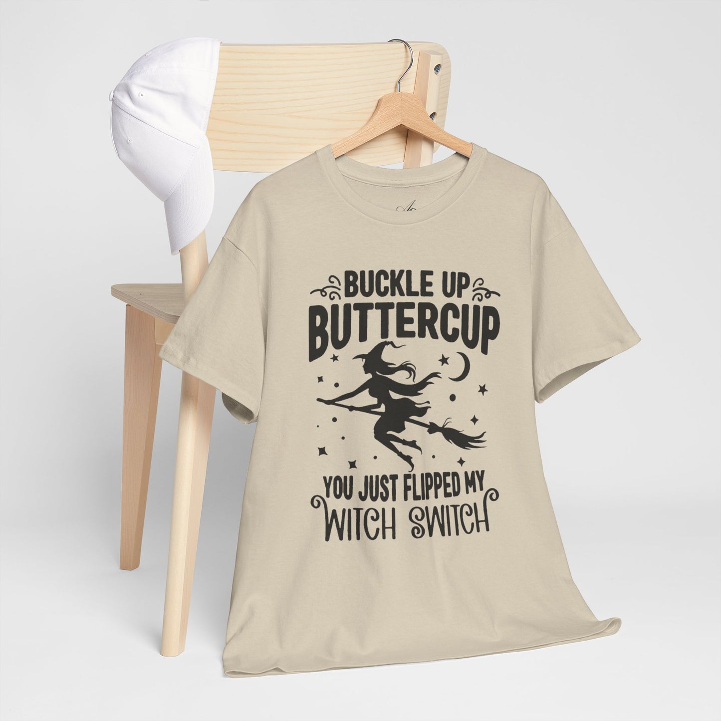 Witchy Humor Tee - Buckle Up Buttercup, Unisex Heavy Cotton Tee, Halloween Shirt, Casual Wear, Gift for Her, Funny T-Shirt
