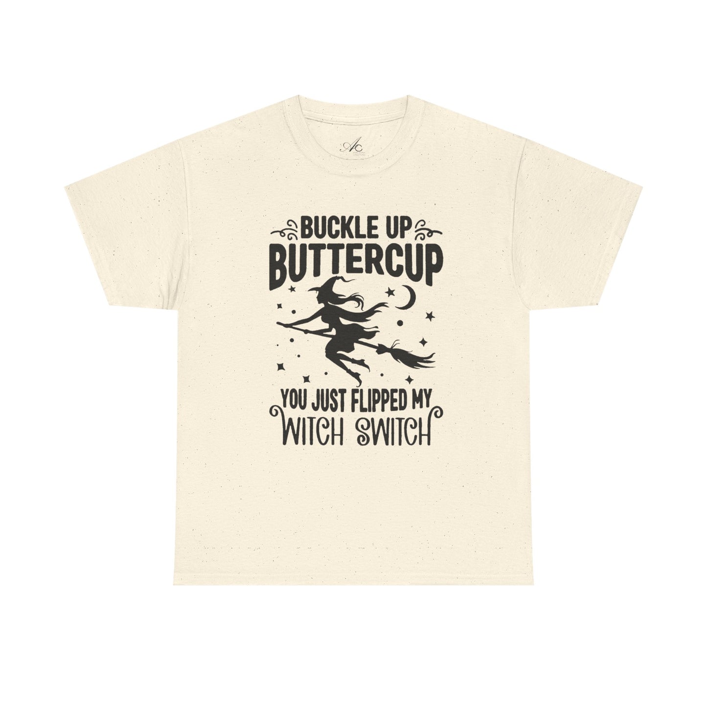 Witchy Humor Tee - Buckle Up Buttercup, Unisex Heavy Cotton Tee, Halloween Shirt, Casual Wear, Gift for Her, Funny T-Shirt