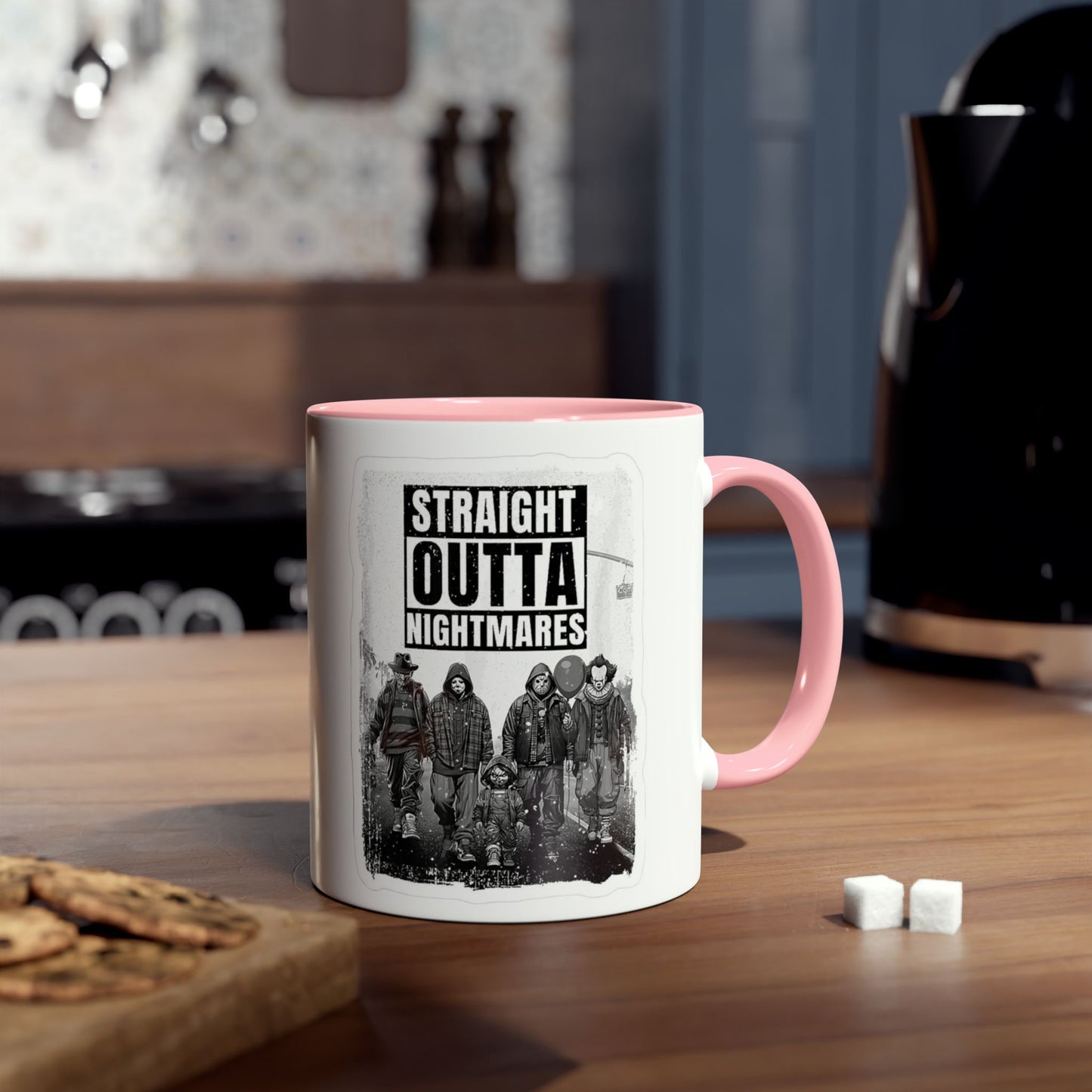 Straight Outta Nightmares Two-Tone Coffee Mug, Unique Gift for Halloween, Fun Office Decor, Red Handle Mug, Collectible Coffee Cup