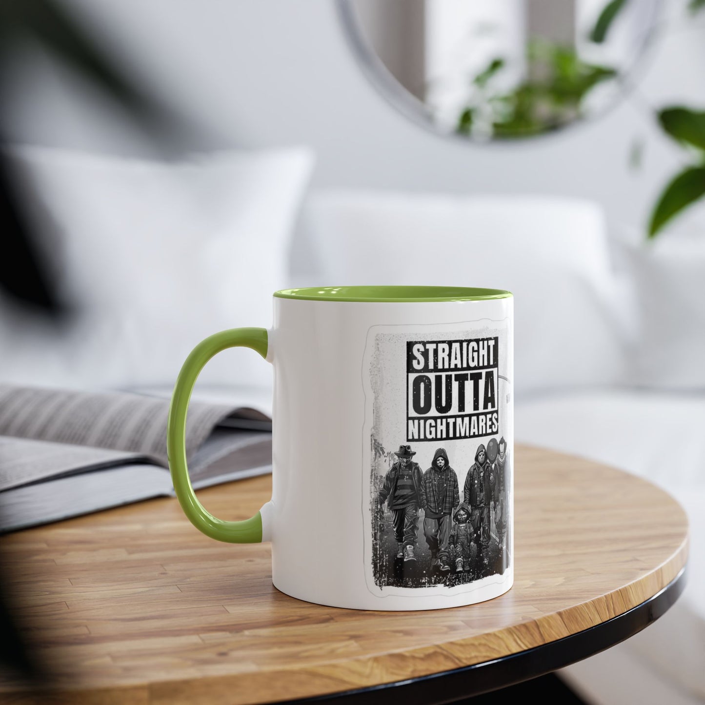 Straight Outta Nightmares Two-Tone Coffee Mug, Unique Gift for Halloween, Fun Office Decor, Red Handle Mug, Collectible Coffee Cup