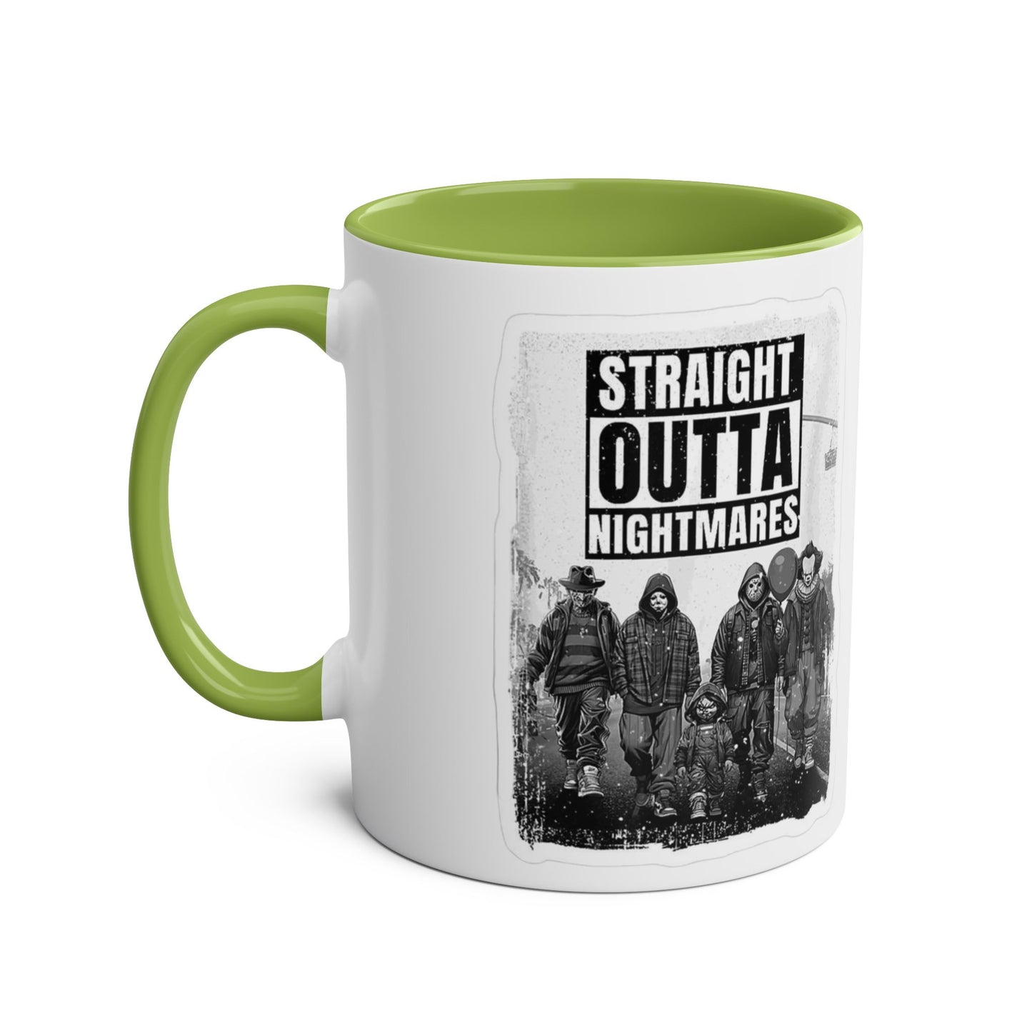 Straight Outta Nightmares Two-Tone Coffee Mug, Unique Gift for Halloween, Fun Office Decor, Red Handle Mug, Collectible Coffee Cup