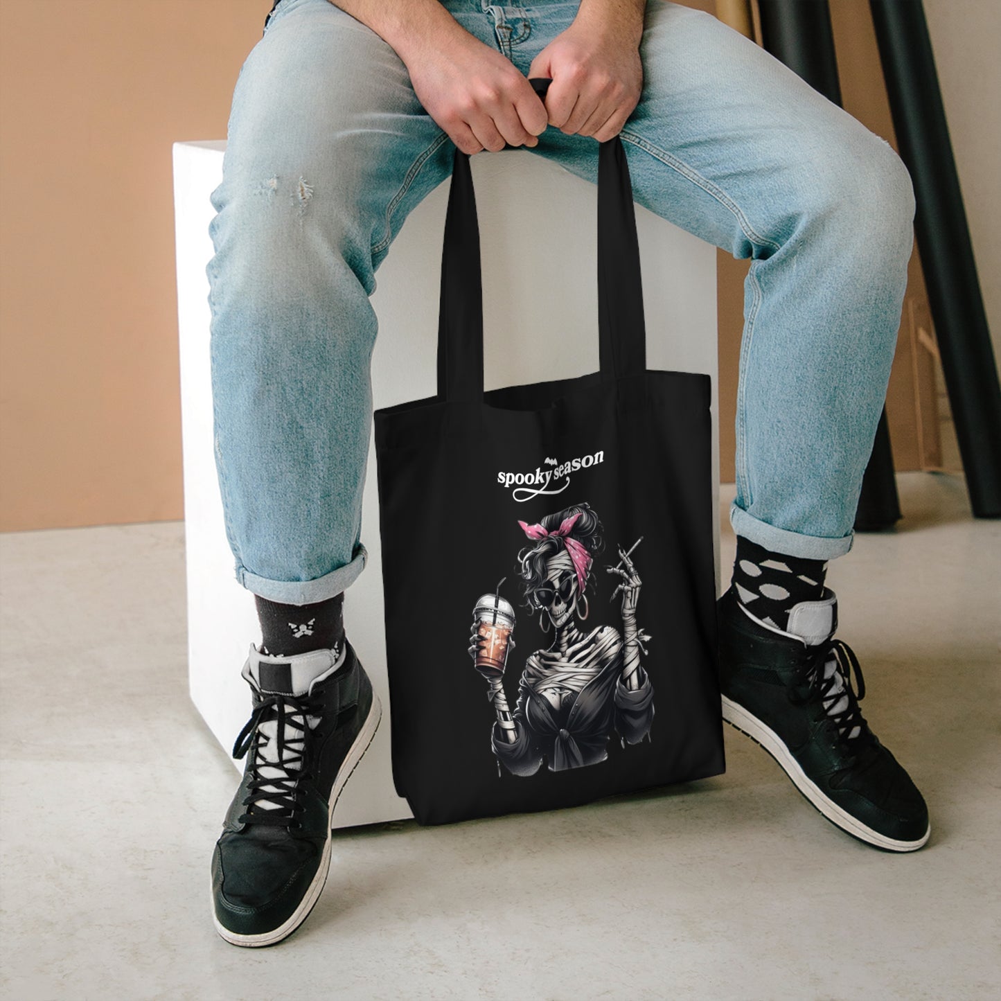 Spooky Season Cotton Tote Bag, Halloween Tote, Skull Tote, Eco-Friendly Bag, Gothic Style, Perfect for Trick or Treating