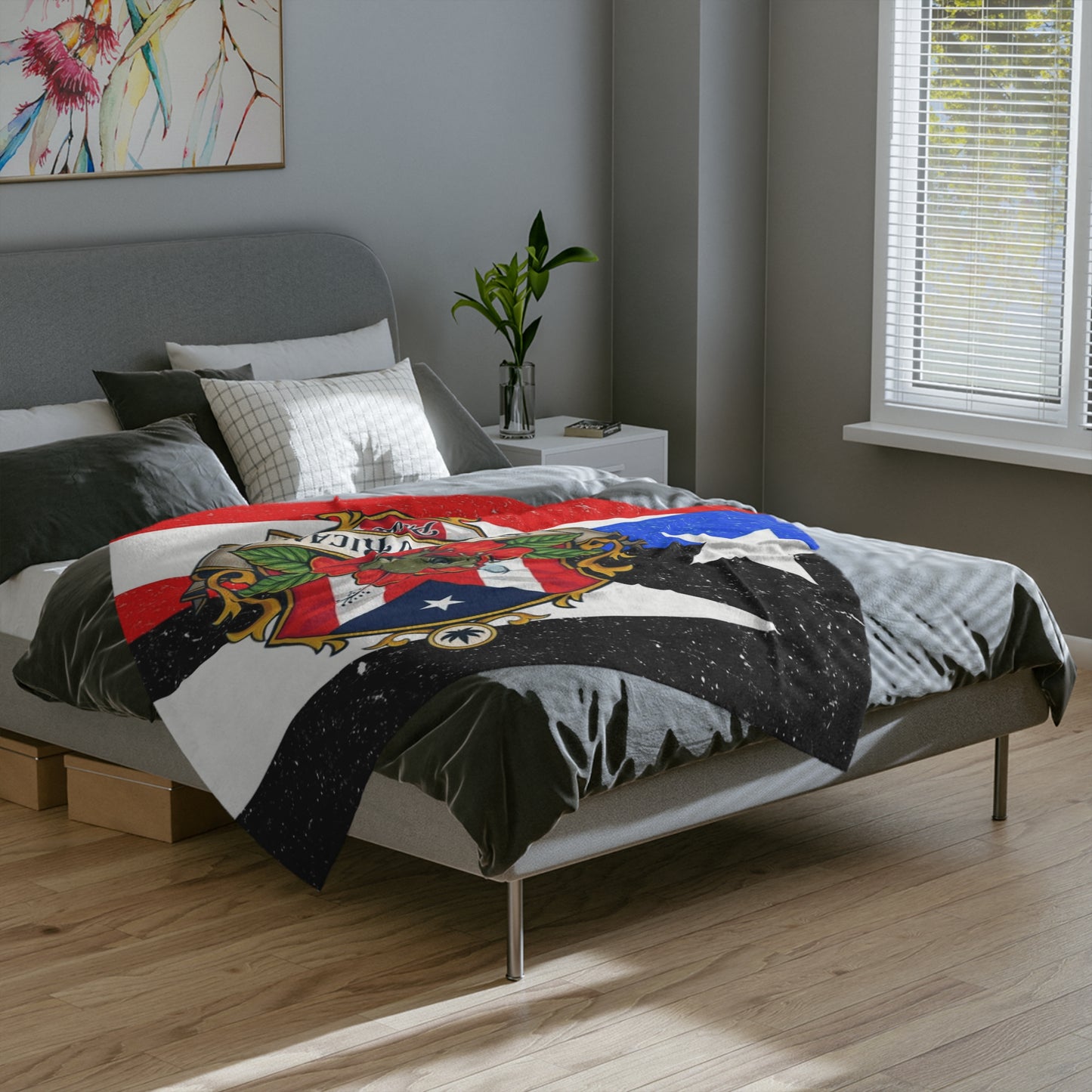 Puerto Rican Flag Velveteen Microfiber Blanket – Vintage Coat of Arms Throw