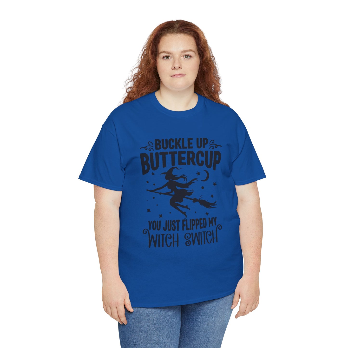 Witchy Humor Tee - Buckle Up Buttercup, Unisex Heavy Cotton Tee, Halloween Shirt, Casual Wear, Gift for Her, Funny T-Shirt
