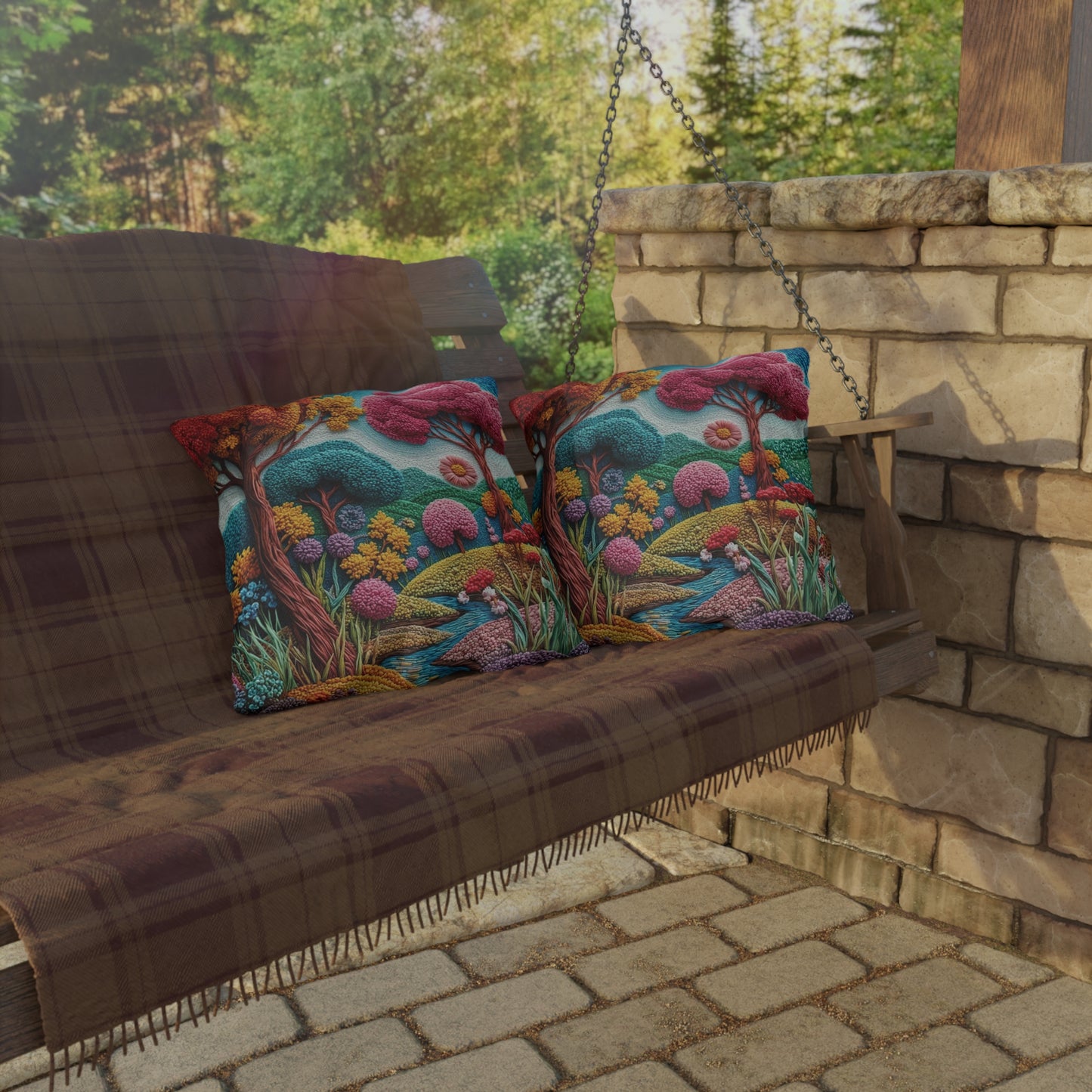 Outdoor Pillow — Colorful Whimsical Garden Landscape Throw Pillow