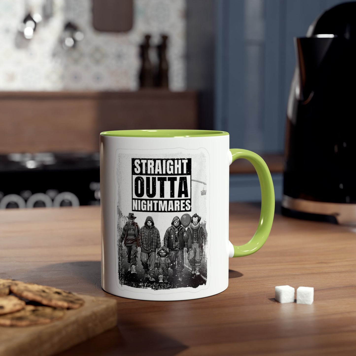 Straight Outta Nightmares Two-Tone Coffee Mug, Unique Gift for Halloween, Fun Office Decor, Red Handle Mug, Collectible Coffee Cup
