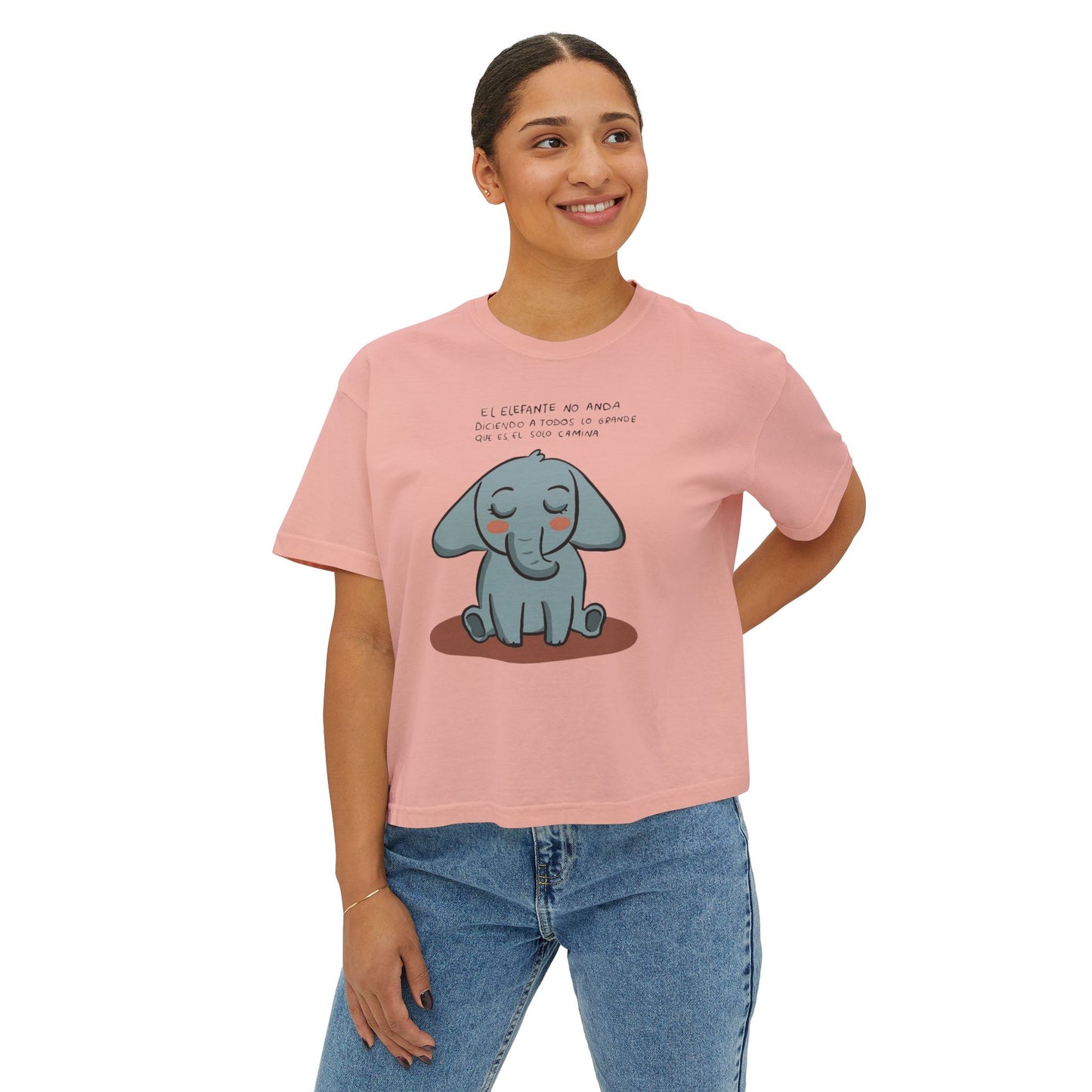 🌸 🧘♀️ Viste tu paz – Que tu energía hable primero Cute Elephant Women's Boxy Tee, Relaxed Fit Shirt, Gift for Animal Lovers, Casual Wear,