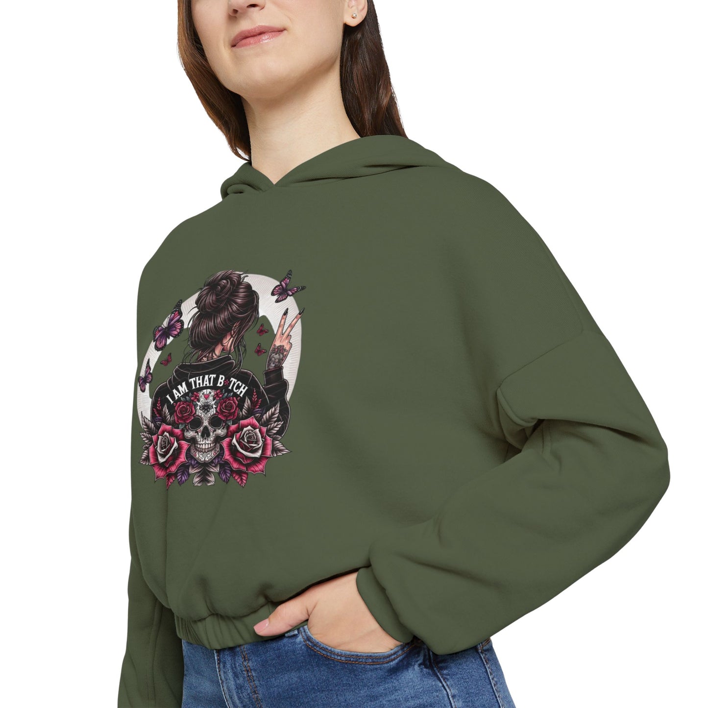 Too Cool to Be Cold” Funny SweaterStylish Women's Cinched Bottom Hoodie with Floral Design, Cozy Hoodie, Casual Fashion, Gift for Her, Everyday Wear