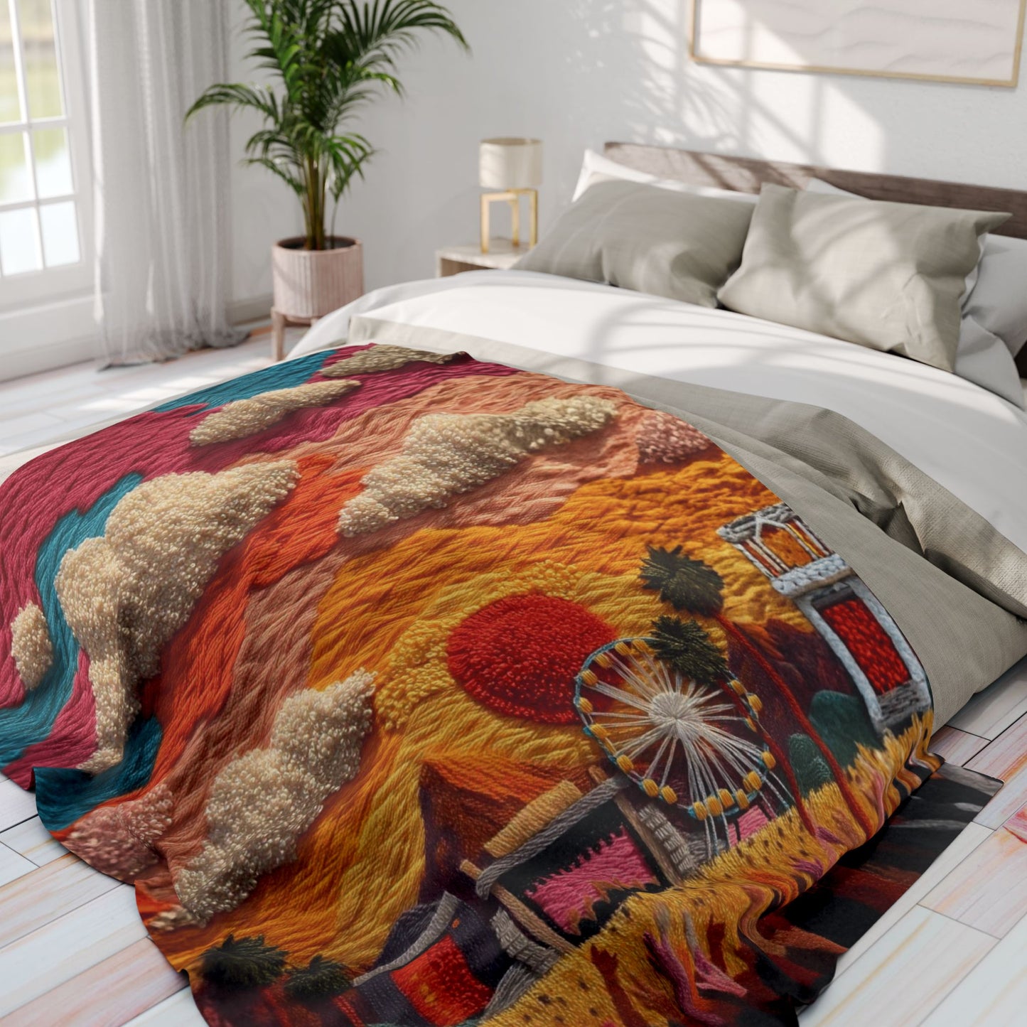 Festival Scene Fleece Blanket — Colorful Sunset Carnival Throw