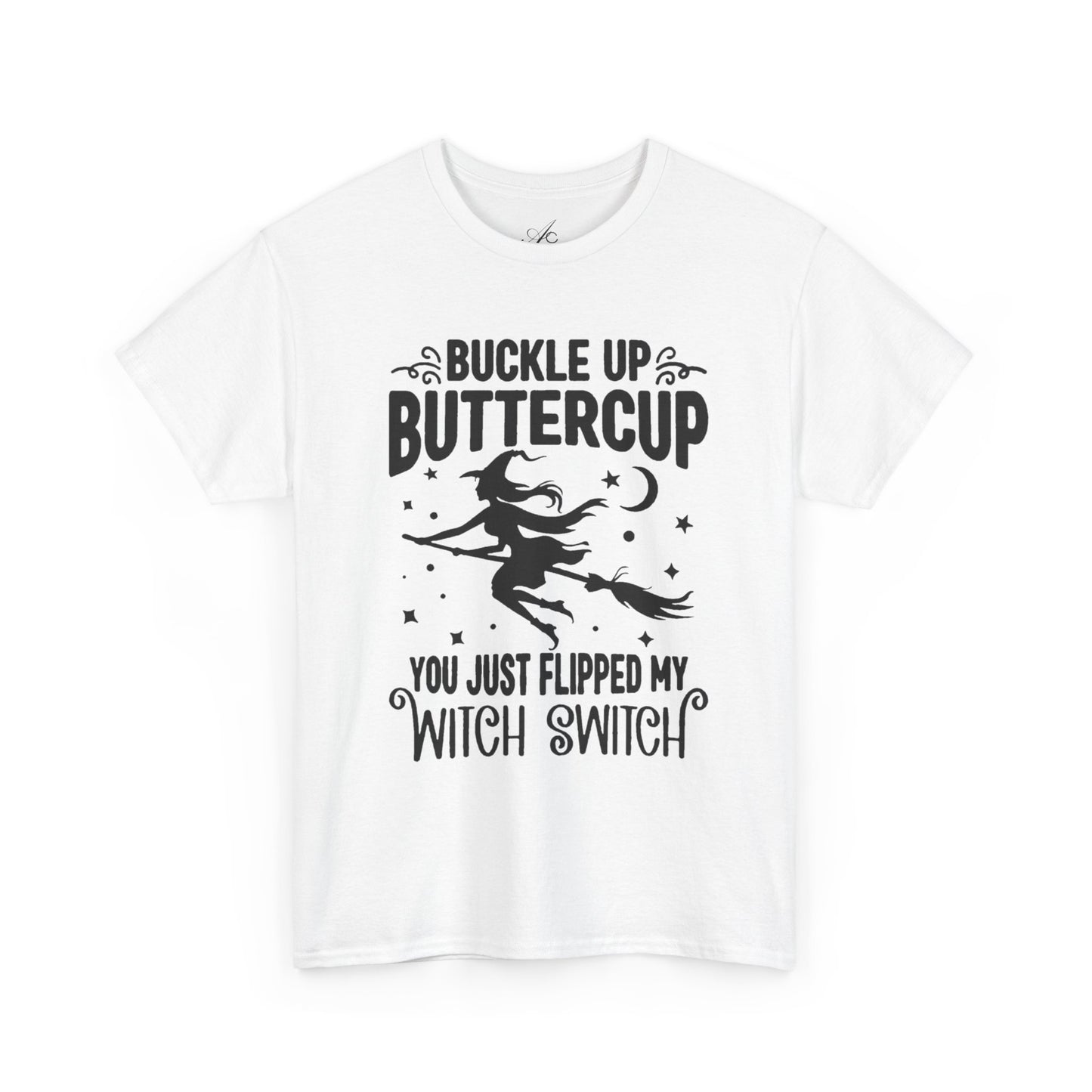 Witchy Humor Tee - Buckle Up Buttercup, Unisex Heavy Cotton Tee, Halloween Shirt, Casual Wear, Gift for Her, Funny T-Shirt