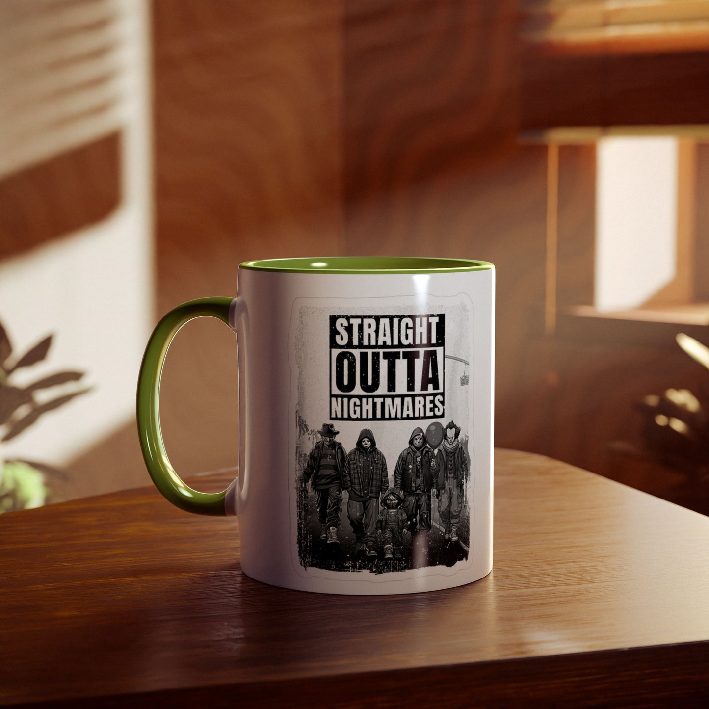 Straight Outta Nightmares Two-Tone Coffee Mug, Unique Gift for Halloween, Fun Office Decor, Red Handle Mug, Collectible Coffee Cup