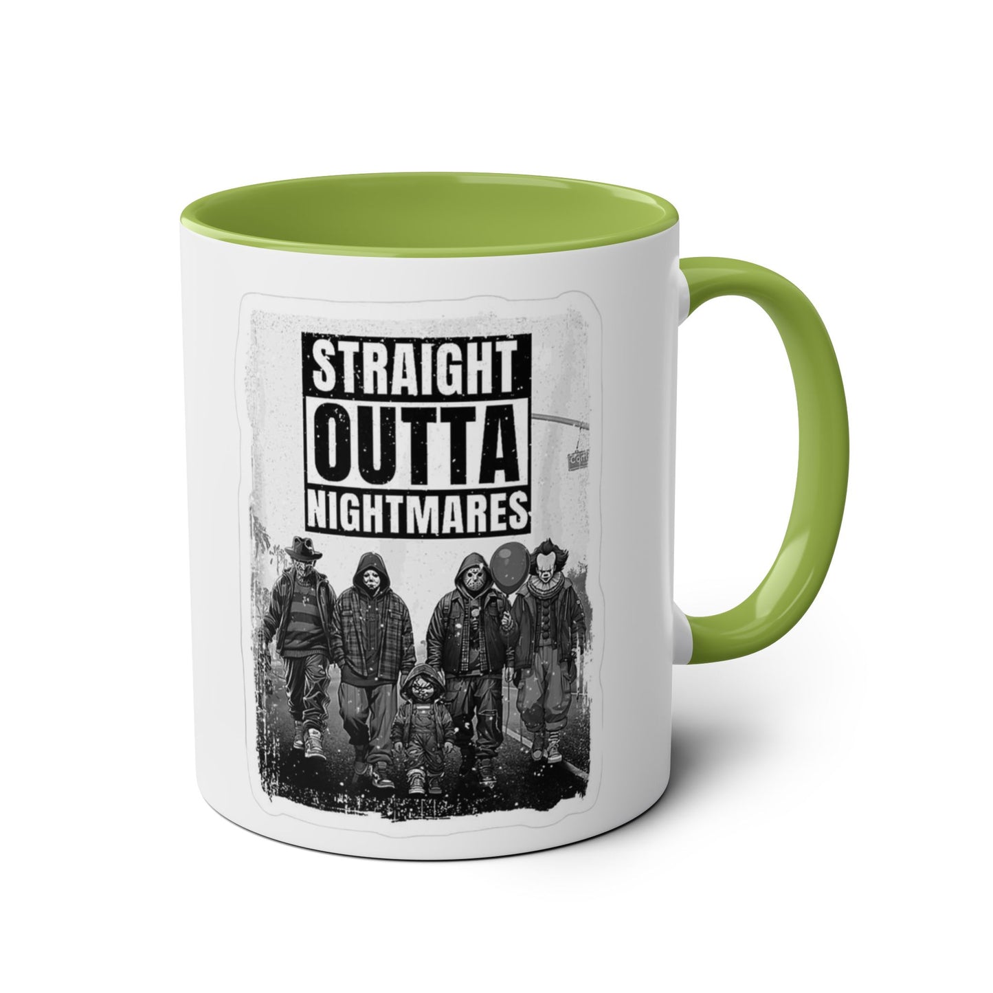 Straight Outta Nightmares Two-Tone Coffee Mug, Unique Gift for Halloween, Fun Office Decor, Red Handle Mug, Collectible Coffee Cup