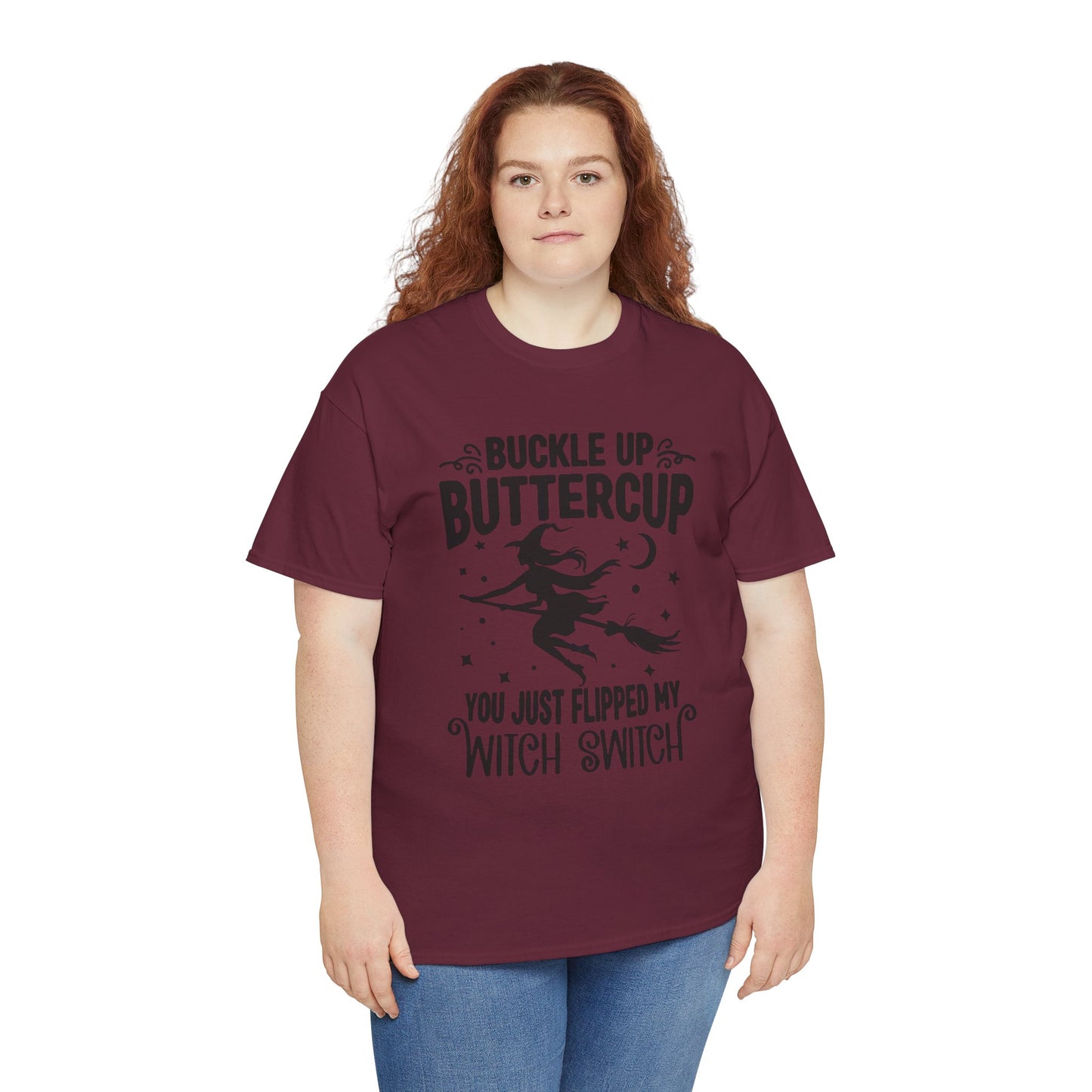 Witchy Humor Tee - Buckle Up Buttercup, Unisex Heavy Cotton Tee, Halloween Shirt, Casual Wear, Gift for Her, Funny T-Shirt