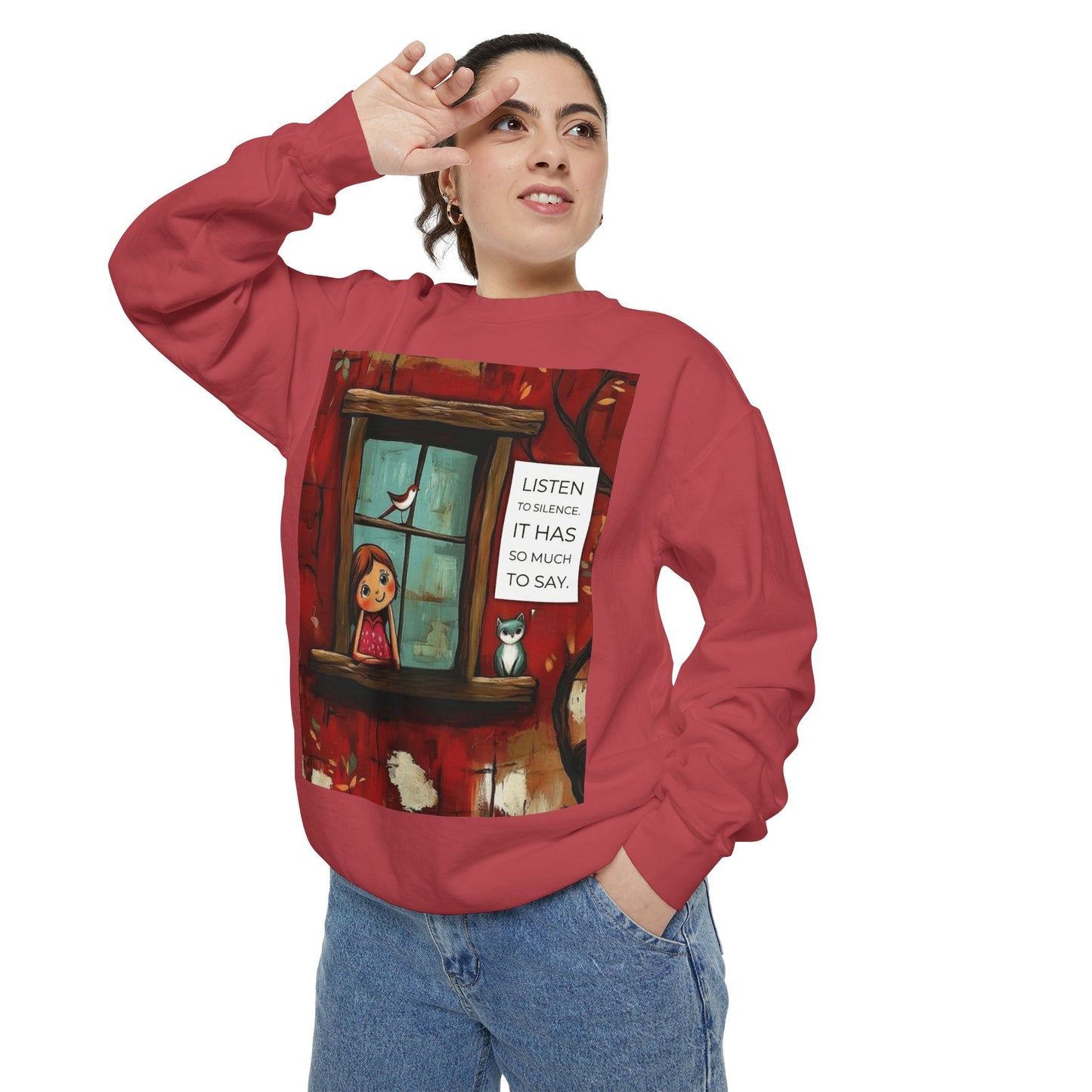 Cozy Window Scene Sweatshirt "Listen, It Has So Much to Say" Graphic
