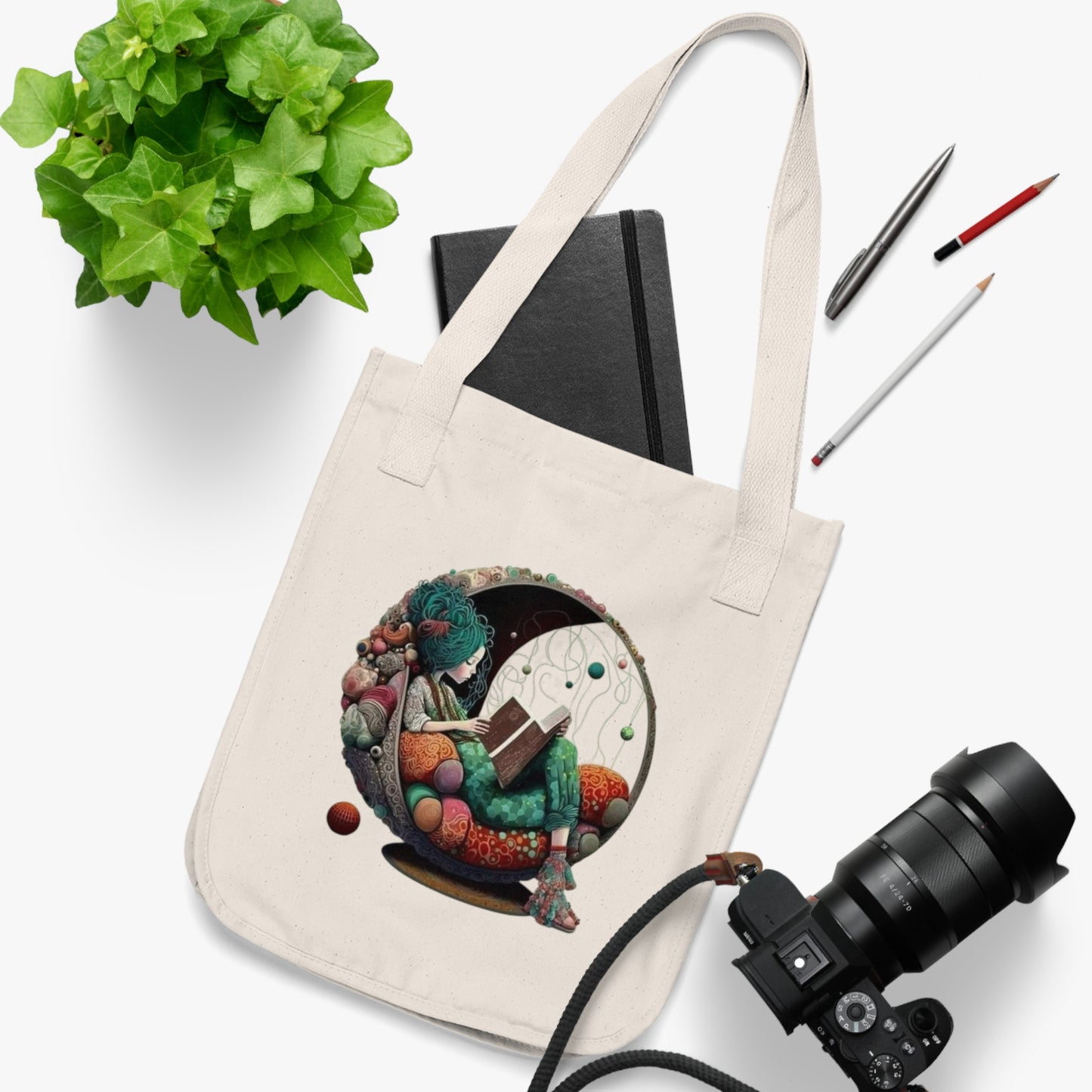 Inspiration On the Go Whimsical Organic Canvas Artistic Gift for Readers, Birthday Present, Reusable Bag