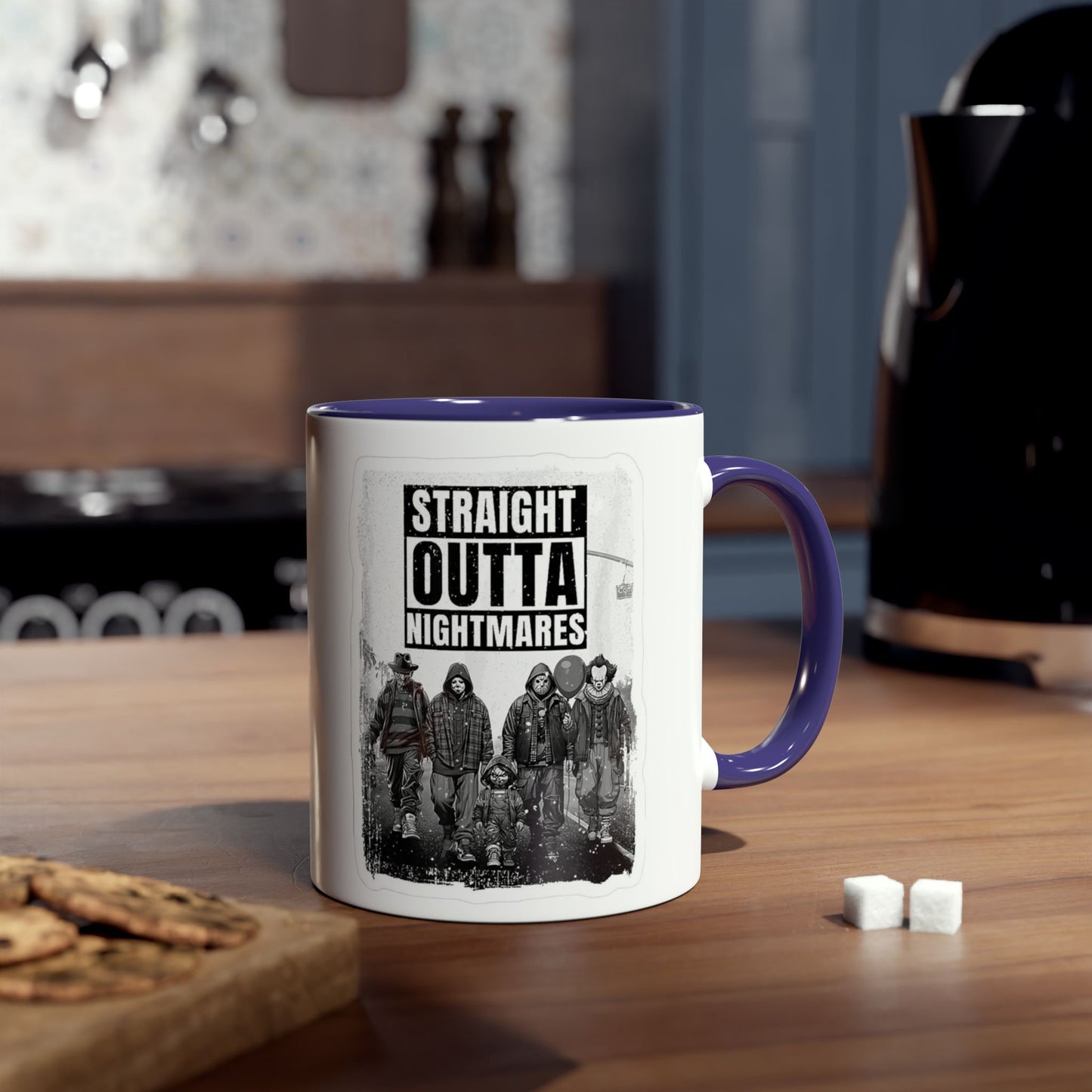 Straight Outta Nightmares Two-Tone Coffee Mug, Unique Gift for Halloween, Fun Office Decor, Red Handle Mug, Collectible Coffee Cup