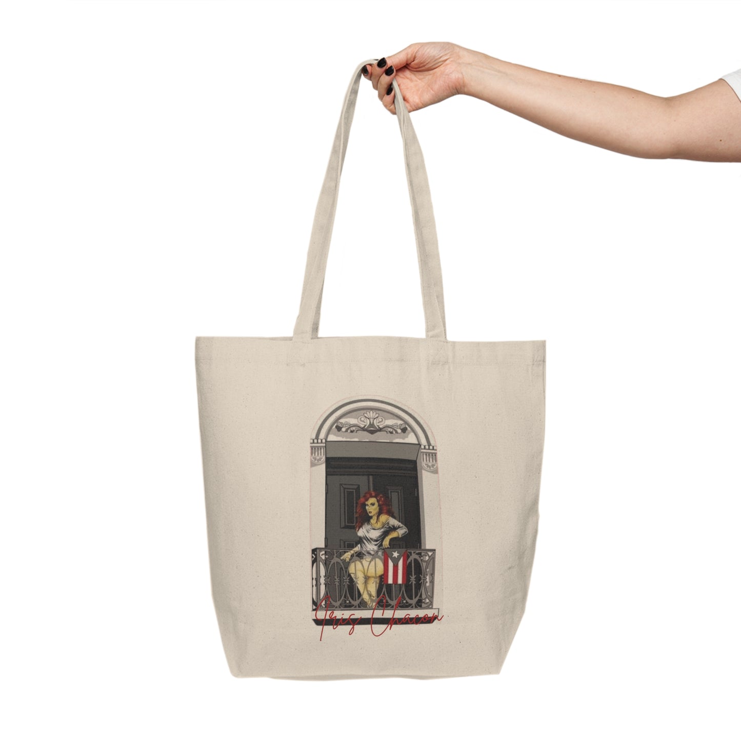Iris Chacon Orgullo Boricua Elegant Canvas Shopping Tote with Balcony Artwork, Eco-Friendly Tote Bag for Everyday Use,