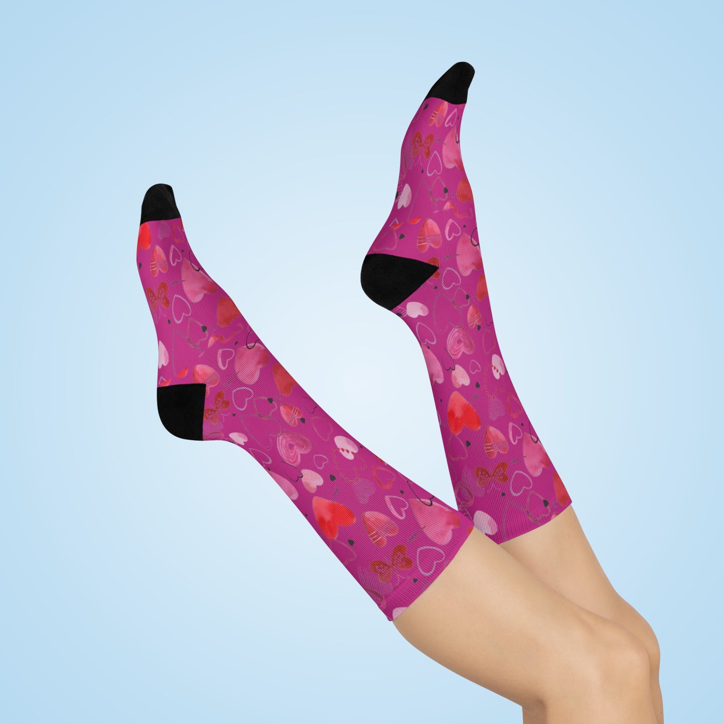 Pink Heart Pattern Cushioned Crew Socks — Valentine’s Day Love Design