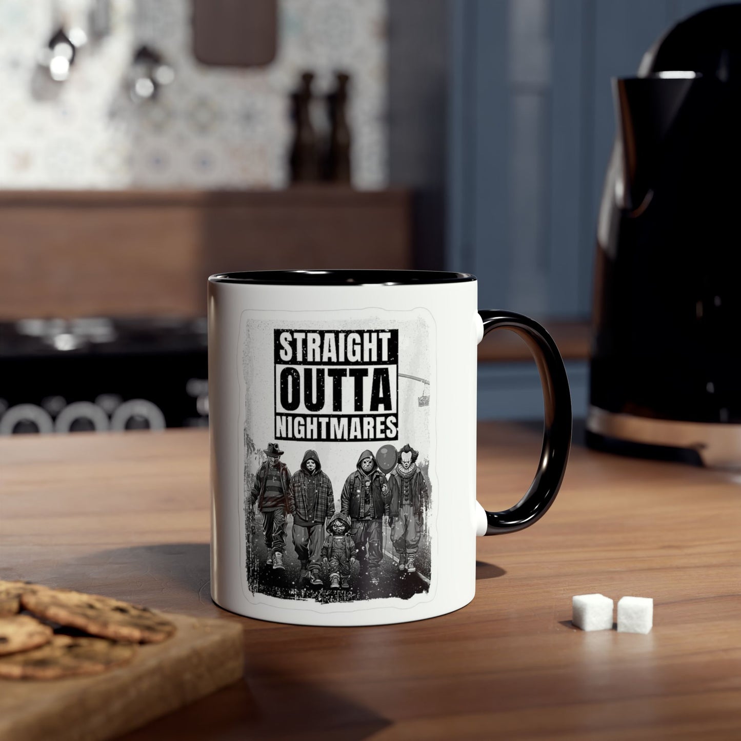 Straight Outta Nightmares Two-Tone Coffee Mug, Unique Gift for Halloween, Fun Office Decor, Red Handle Mug, Collectible Coffee Cup