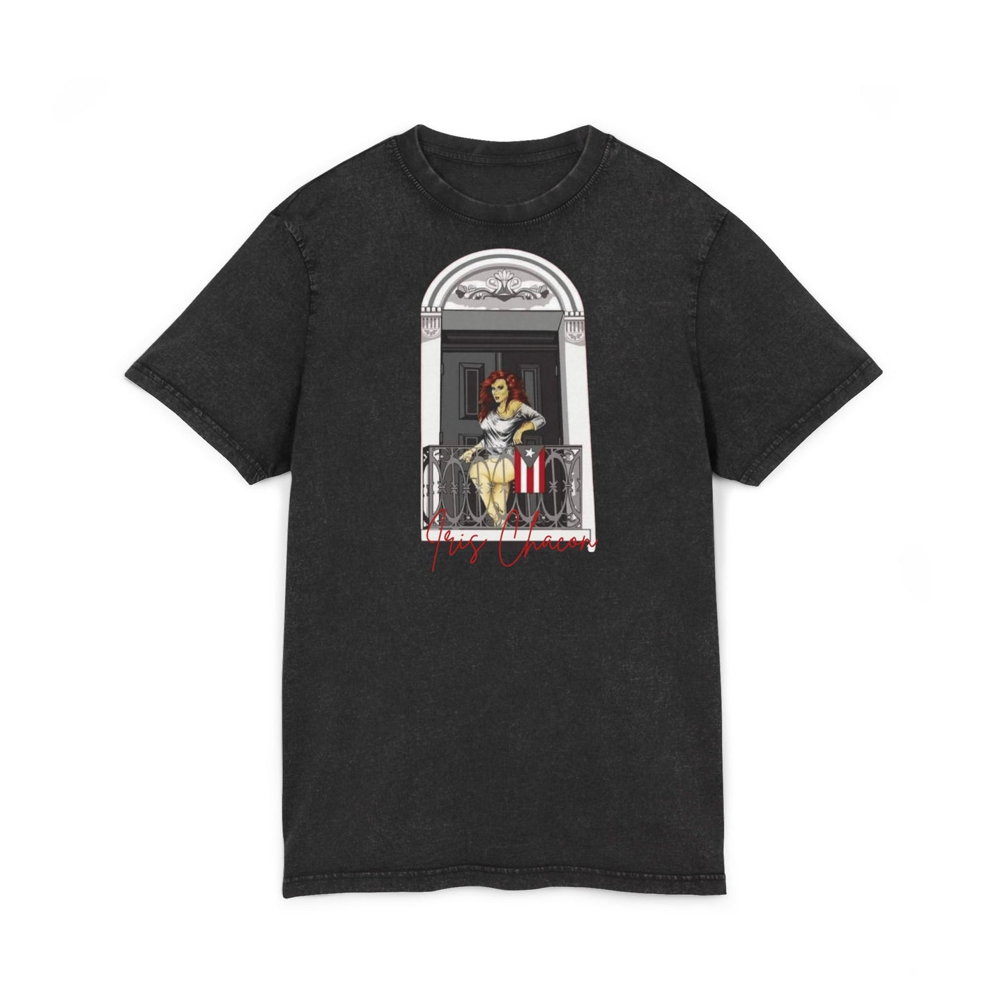 Iris Chacon Orgullo Boricua Chic Acid Washed Tee featuring Balcony Art, Stylish Casual T-Shirt, Graphic Tee for Art Lovers, Cozy Summer Top,