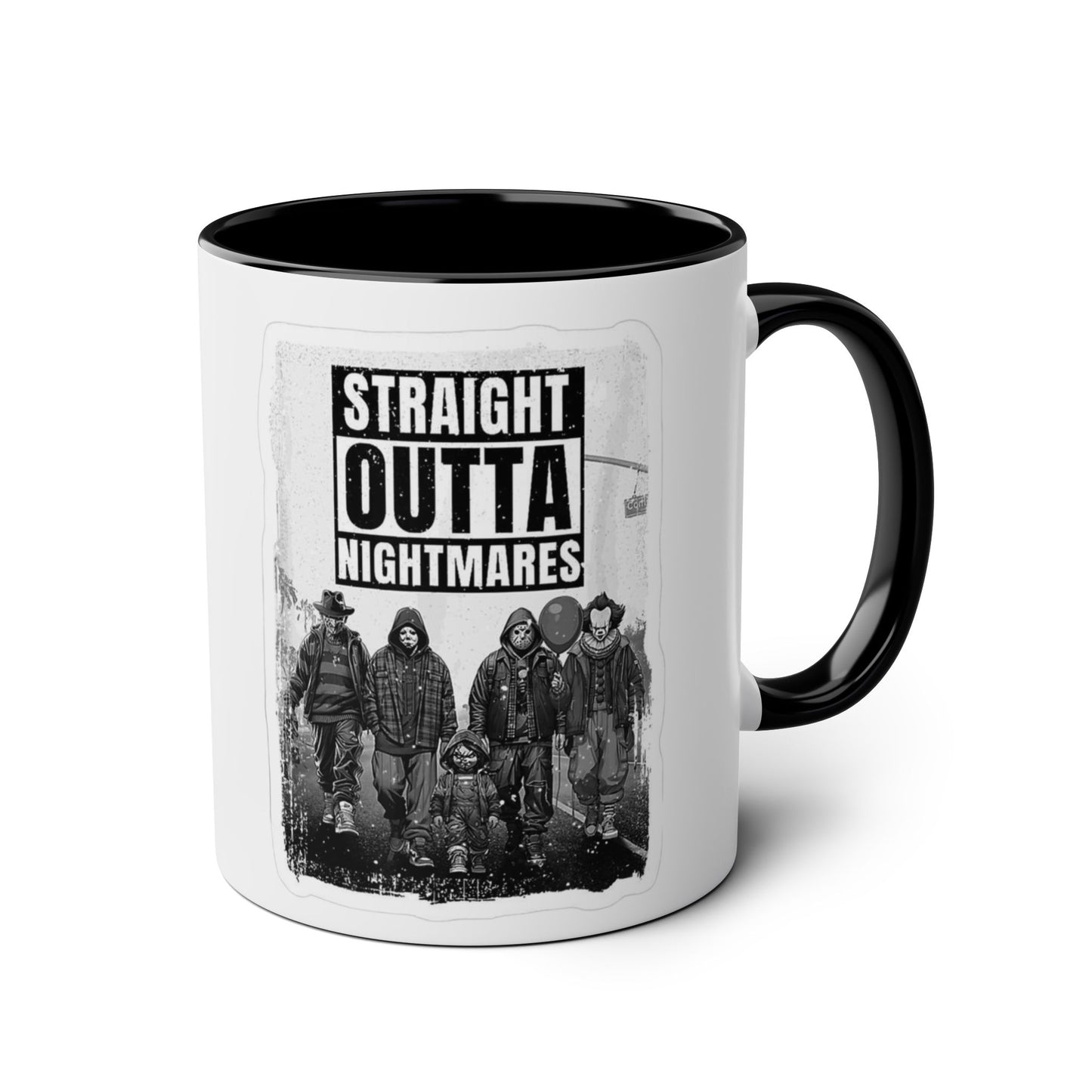 Straight Outta Nightmares Two-Tone Coffee Mug, Unique Gift for Halloween, Fun Office Decor, Red Handle Mug, Collectible Coffee Cup