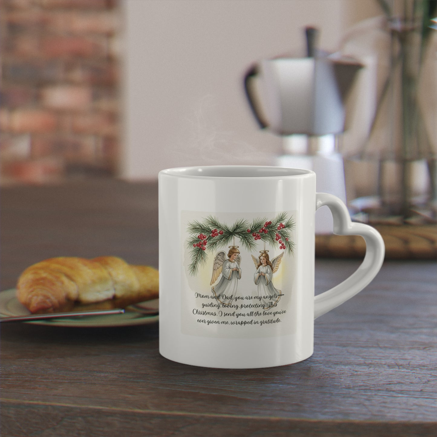 Heart-Shaped Christmas Mug with Angel Design Christmas Mugs | Holiday Coffee Cups with Festive Quotes & Designs