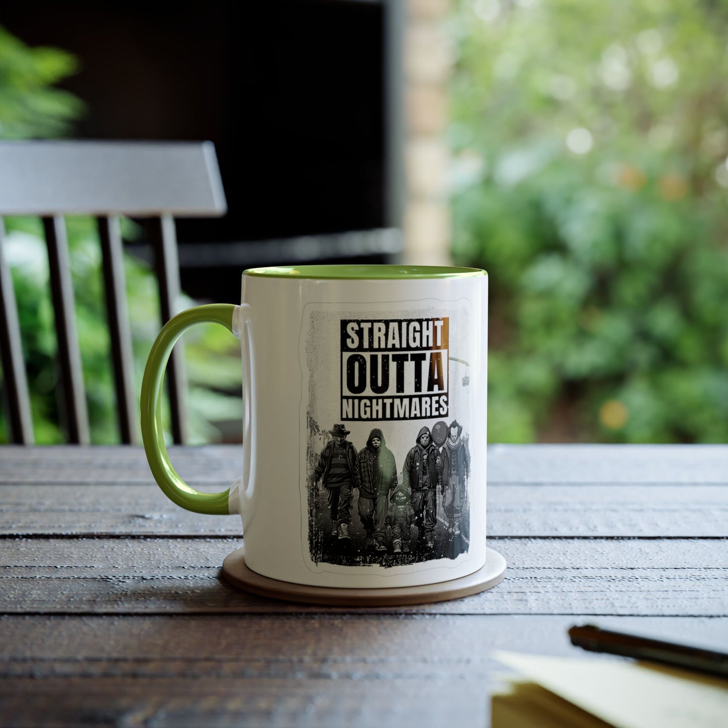 Straight Outta Nightmares Two-Tone Coffee Mug, Unique Gift for Halloween, Fun Office Decor, Red Handle Mug, Collectible Coffee Cup