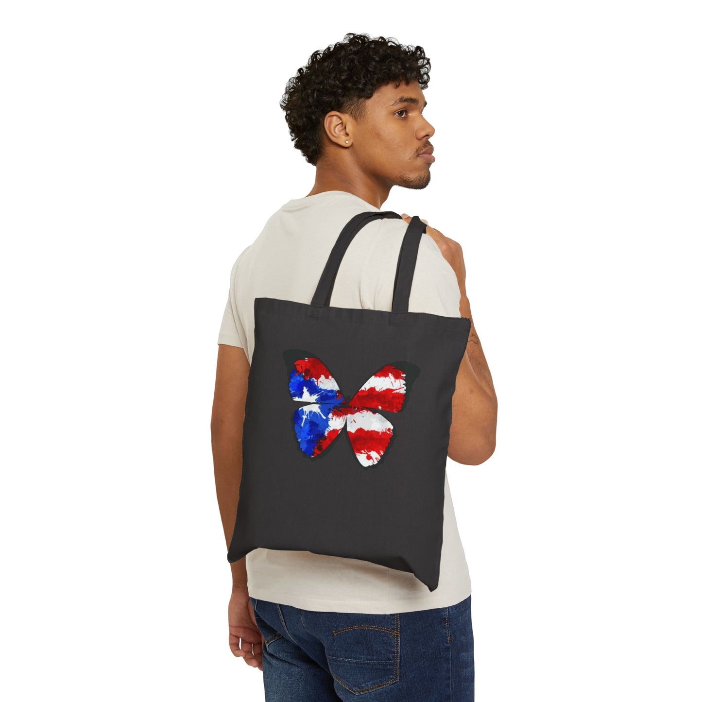 Carry Your Culture – Puerto Rican Pride in Every Step Patriotic Butterfly Cotton Canvas Tote Bag: Eco-Friendly Grocery, Beach, School, or Gift Bag, USA Flag Design