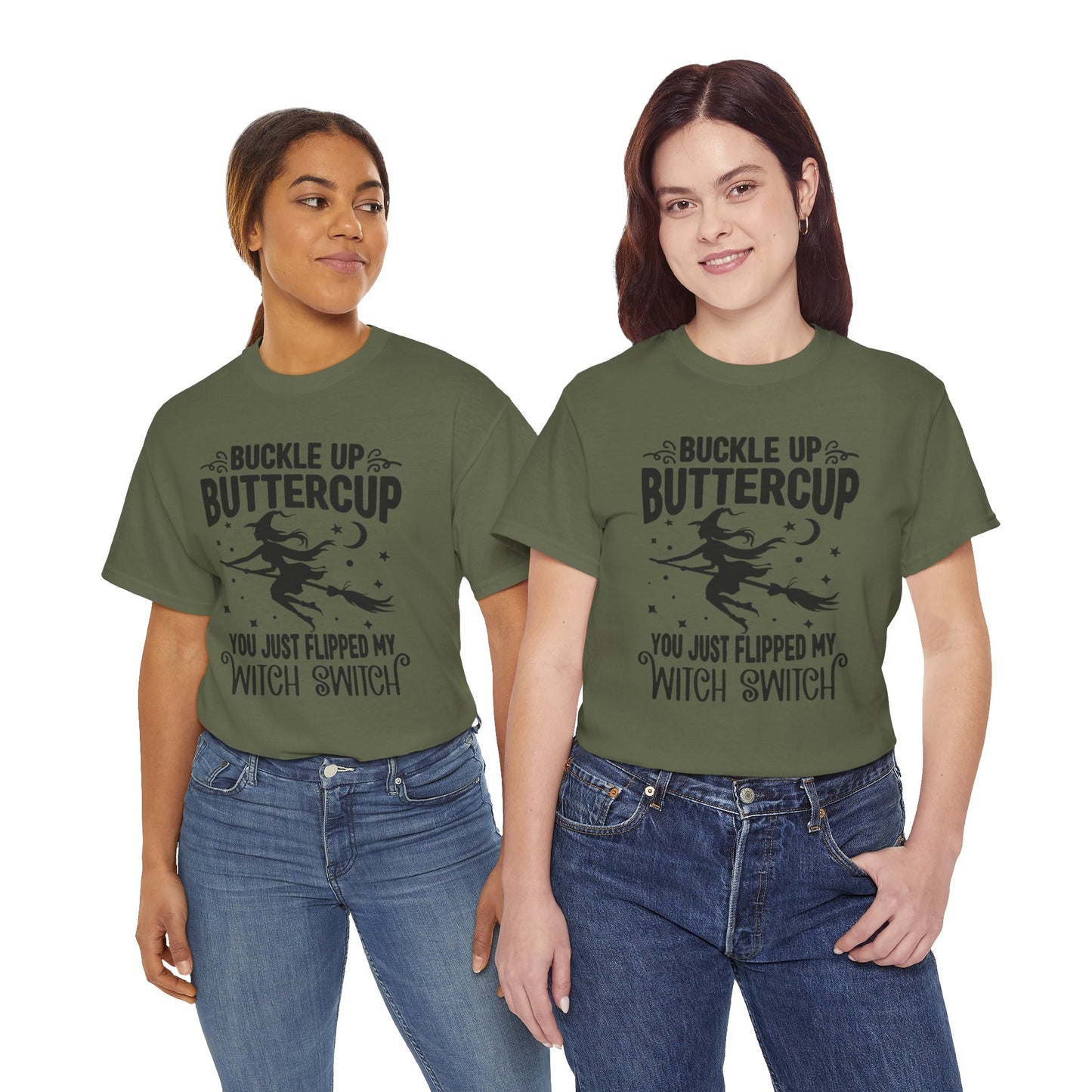 Witchy Humor Tee - Buckle Up Buttercup, Unisex Heavy Cotton Tee, Halloween Shirt, Casual Wear, Gift for Her, Funny T-Shirt