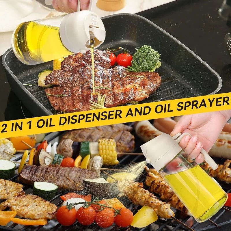 2 - in - 1 Oil Spray Bottle – Refillable Plastic Kitchen Sprayer for Cooking, Olive Oil, BBQ & Vinegar - Metamorphosis Creations