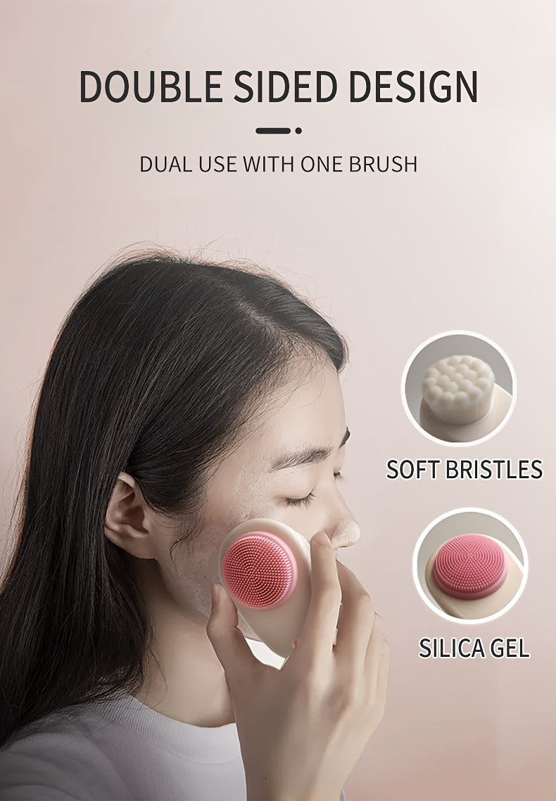 2-in-1 Dual-Sided Silicone Facial Cleansing Brush with Exfoliating Bristles & Soft Massage Tips - Gentle Deep Pore Cleansing & Skincare Tool, Travel-Friendly Hanging Loop, Unscented for Sensitive Light Beige, Facial Cleanser,