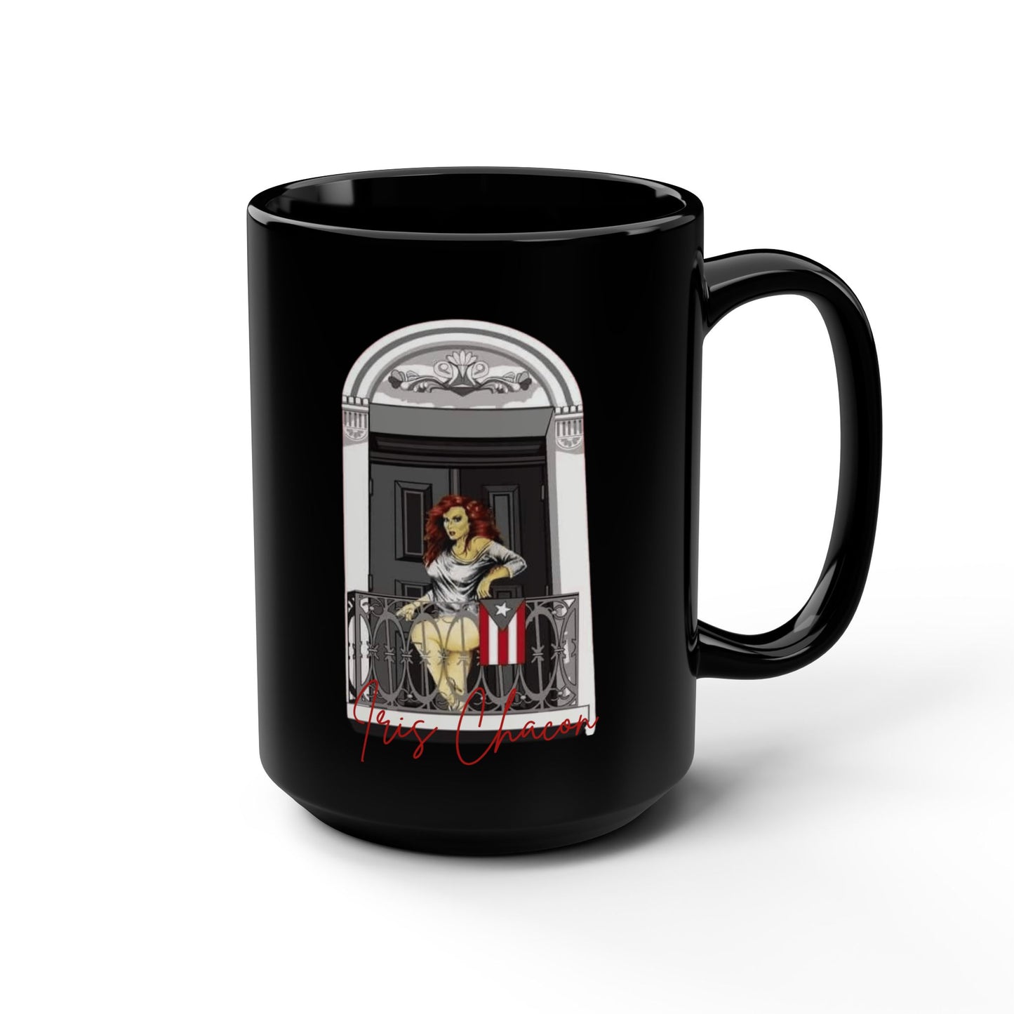 Iris Chacon Orgullo Boricua Chic Women's Coffee Mug, Stylish Black Cup, Gift for Her, Trendy Kitchen Decor, Perfect for Birthdays,