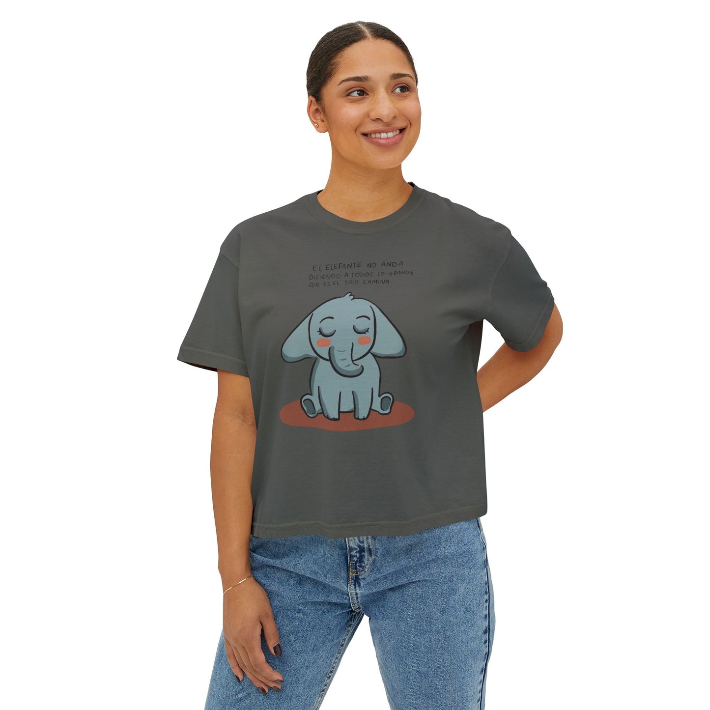 🌸 🧘♀️ Viste tu paz – Que tu energía hable primero Cute Elephant Women's Boxy Tee, Relaxed Fit Shirt, Gift for Animal Lovers, Casual Wear,