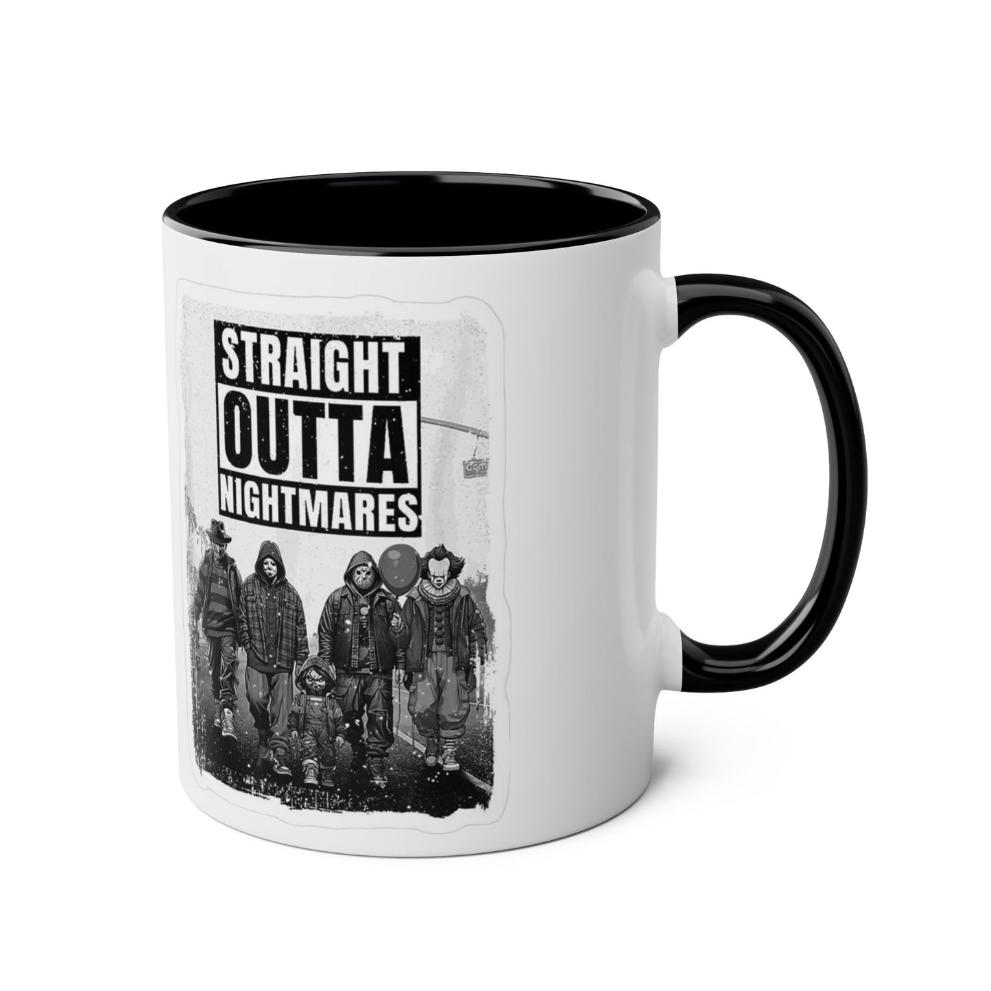 Straight Outta Nightmares Two-Tone Coffee Mug, Unique Gift for Halloween, Fun Office Decor, Red Handle Mug, Collectible Coffee Cup