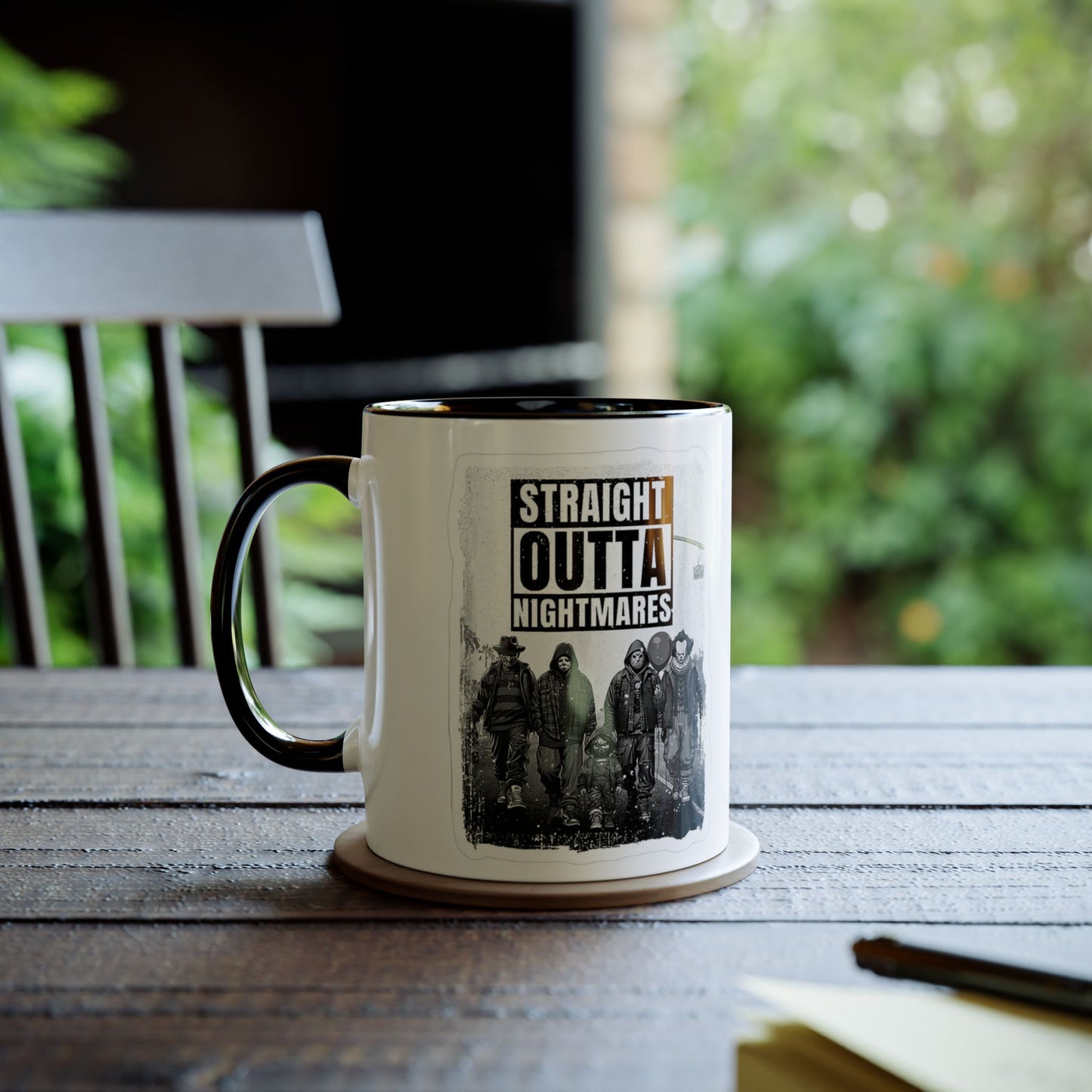 Straight Outta Nightmares Two-Tone Coffee Mug, Unique Gift for Halloween, Fun Office Decor, Red Handle Mug, Collectible Coffee Cup