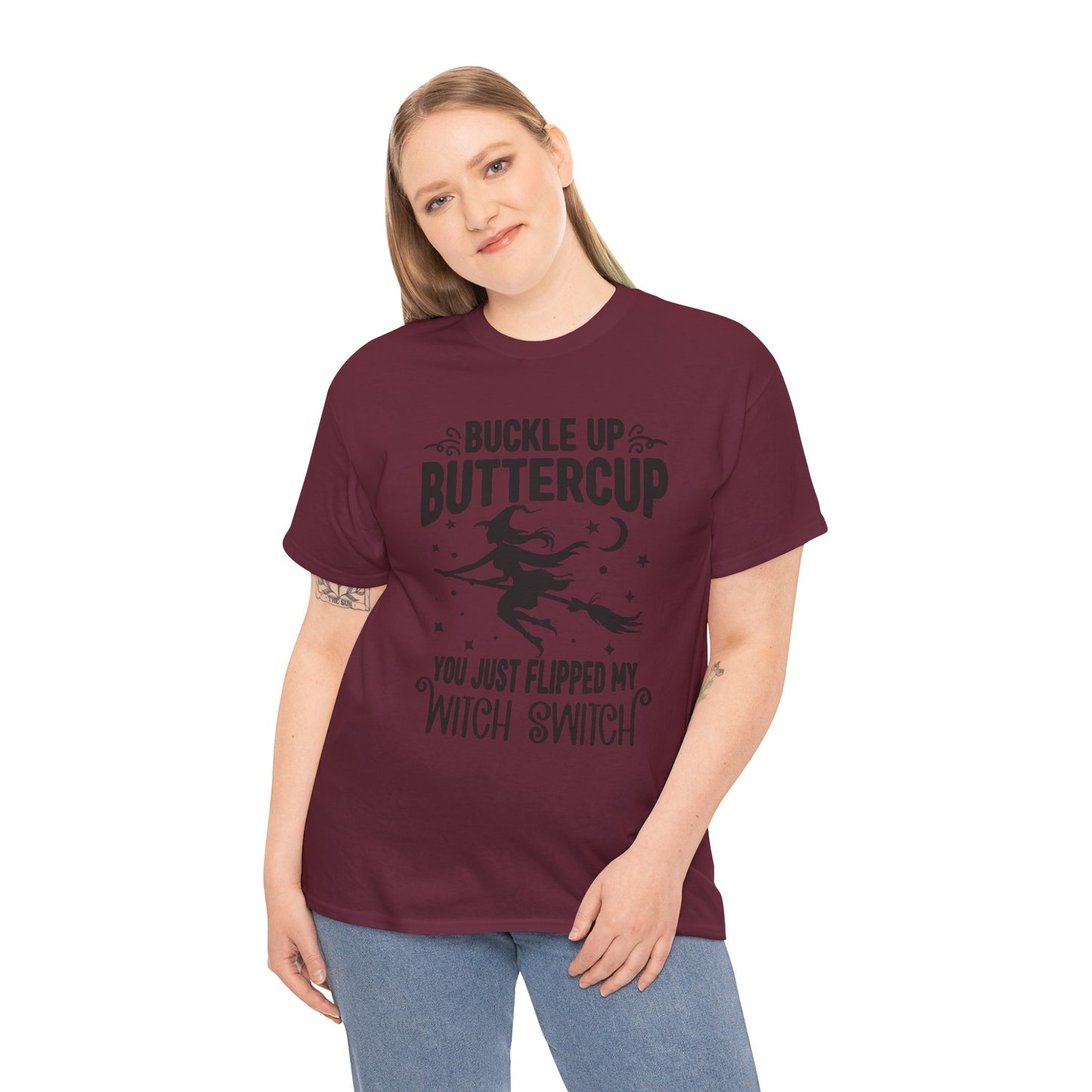 Witchy Humor Tee - Buckle Up Buttercup, Unisex Heavy Cotton Tee, Halloween Shirt, Casual Wear, Gift for Her, Funny T-Shirt
