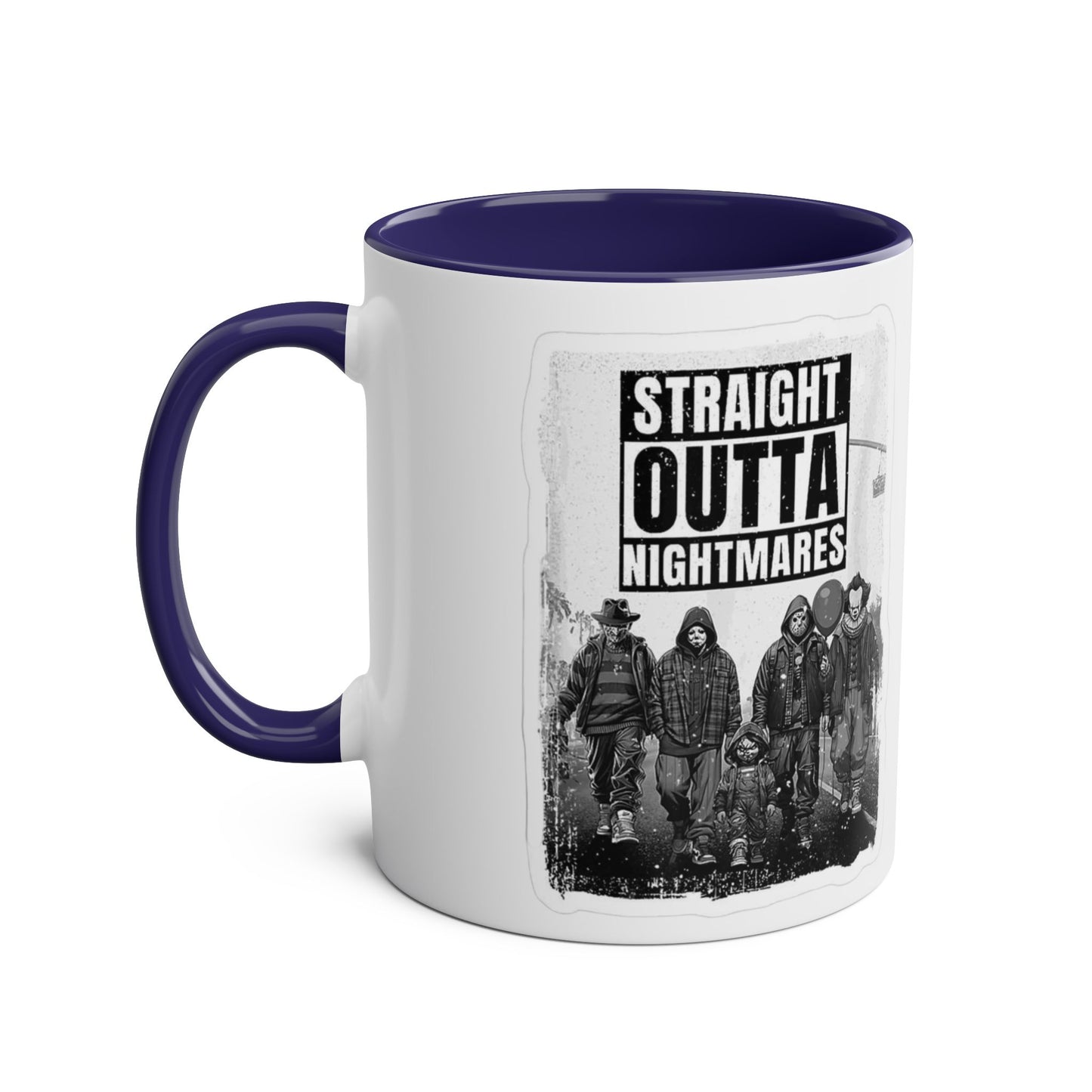 Straight Outta Nightmares Two-Tone Coffee Mug, Unique Gift for Halloween, Fun Office Decor, Red Handle Mug, Collectible Coffee Cup