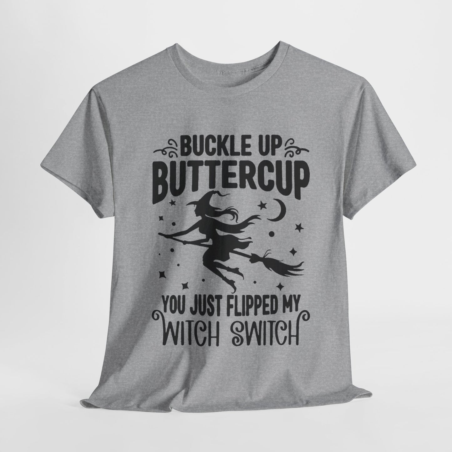 Witchy Humor Tee - Buckle Up Buttercup, Unisex Heavy Cotton Tee, Halloween Shirt, Casual Wear, Gift for Her, Funny T-Shirt