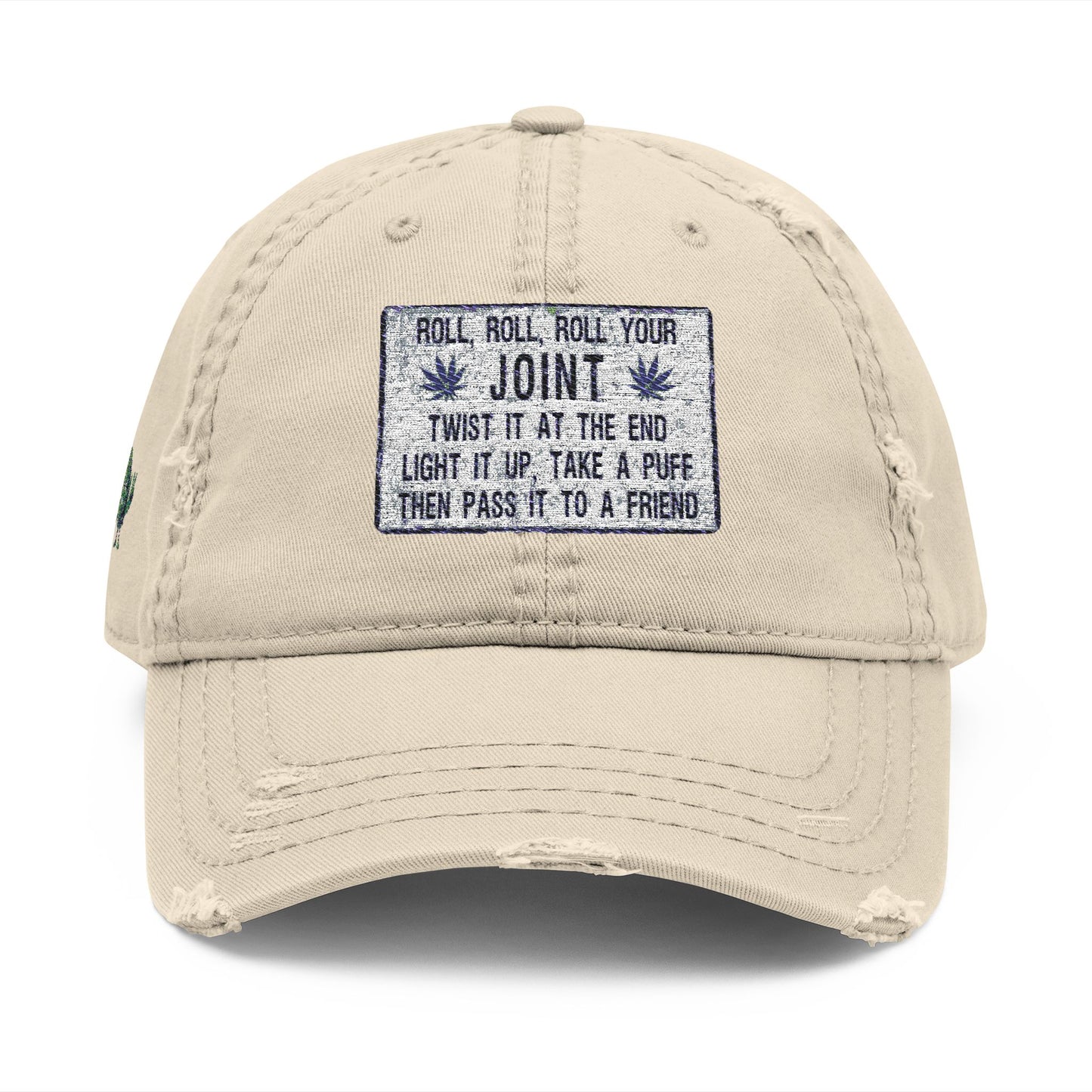 Distressed Hat with Embroidered Joint Design, Casual Cap for Cannabis Lovers, Gift for Stoners, Relaxed Fit Hat