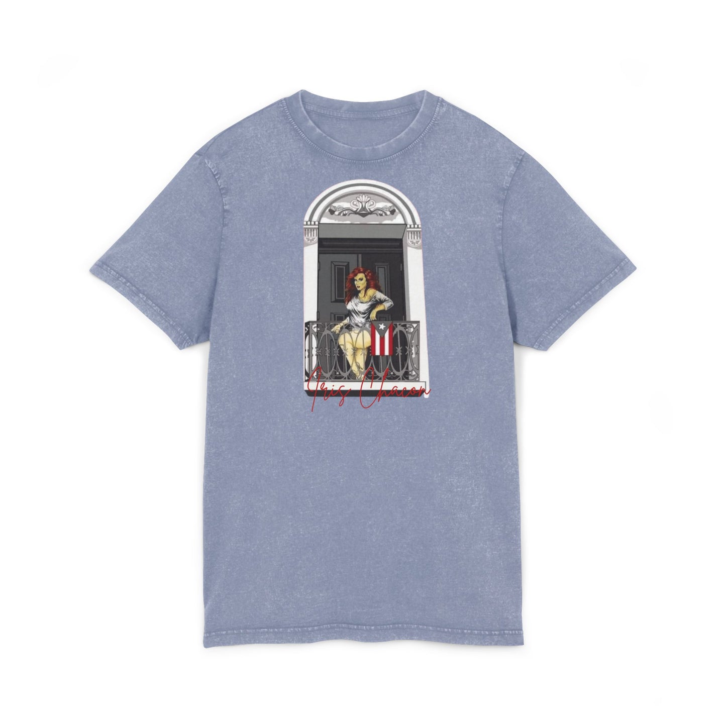 Iris Chacon Orgullo Boricua Chic Acid Washed Tee featuring Balcony Art, Stylish Casual T-Shirt, Graphic Tee for Art Lovers, Cozy Summer Top,