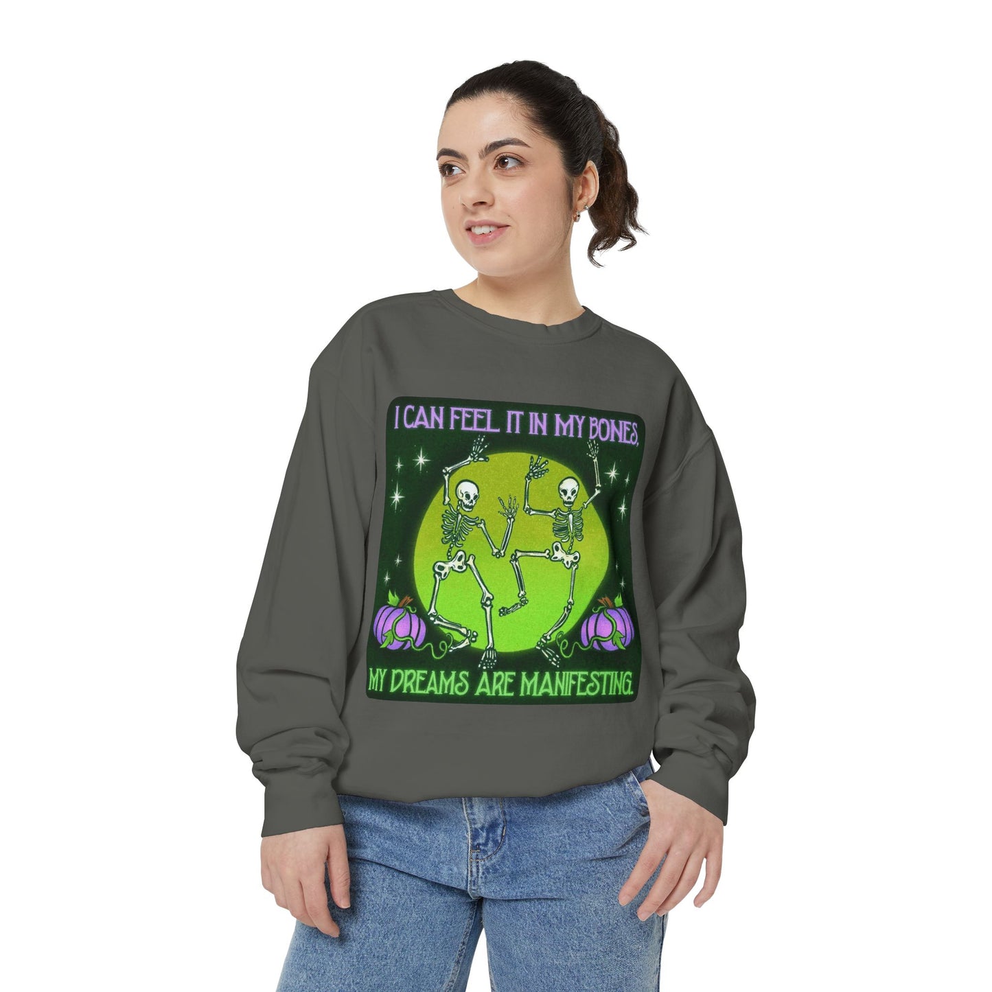 Spooky Manifesting Sweatshirt, Unisex Skeleton Pullover, Halloween Apparel, Cozy Fall Fashion, Casual Trendy Top, Unique Gift