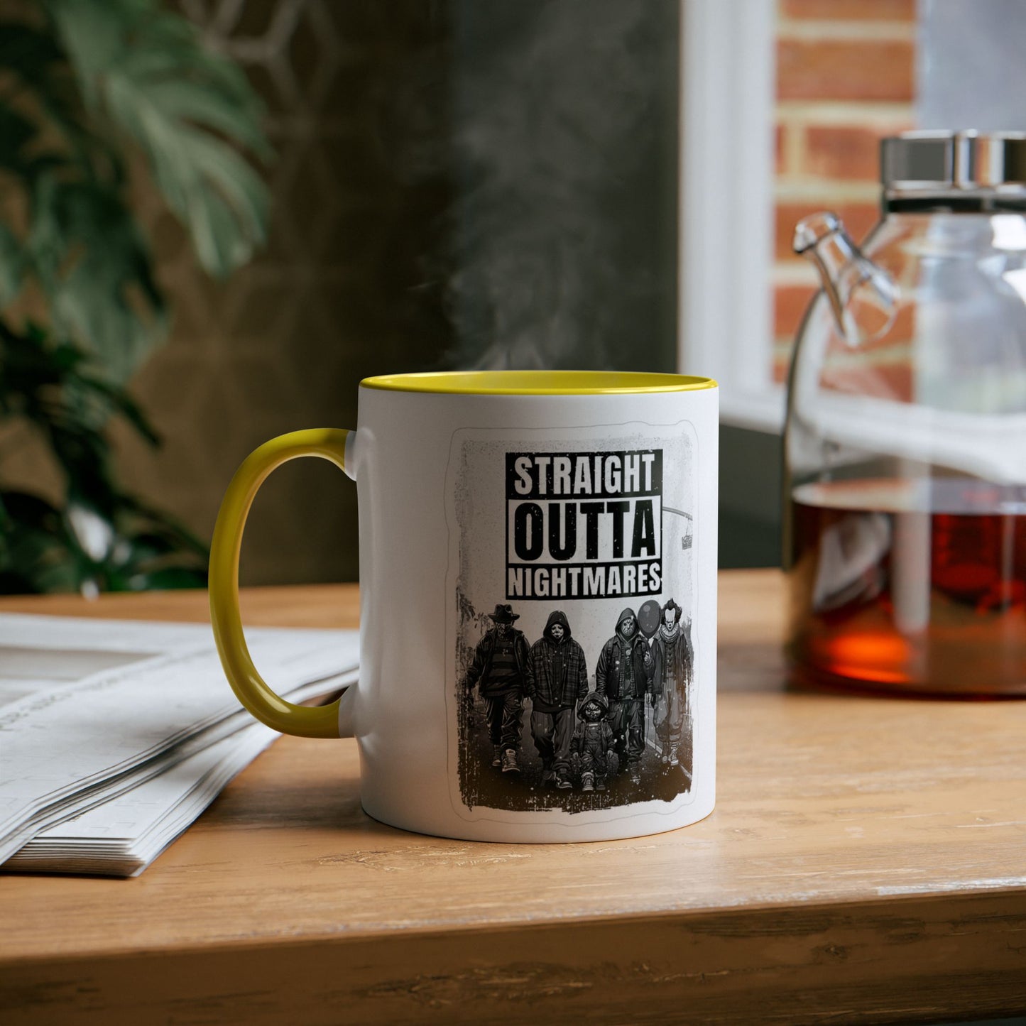 Straight Outta Nightmares Two-Tone Coffee Mug, Unique Gift for Halloween, Fun Office Decor, Red Handle Mug, Collectible Coffee Cup